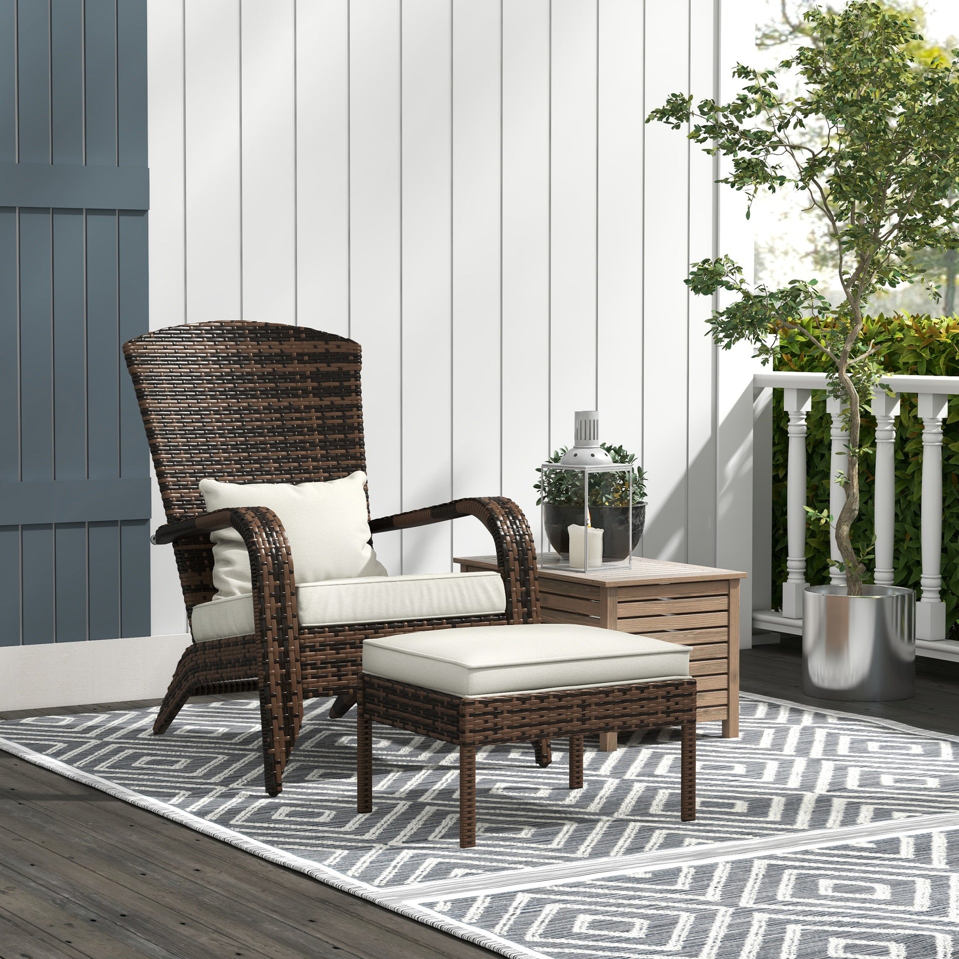 Outsunny Wicker Adirondack Chair Fire Pit Chair w/ Ottoman & Cushions, White