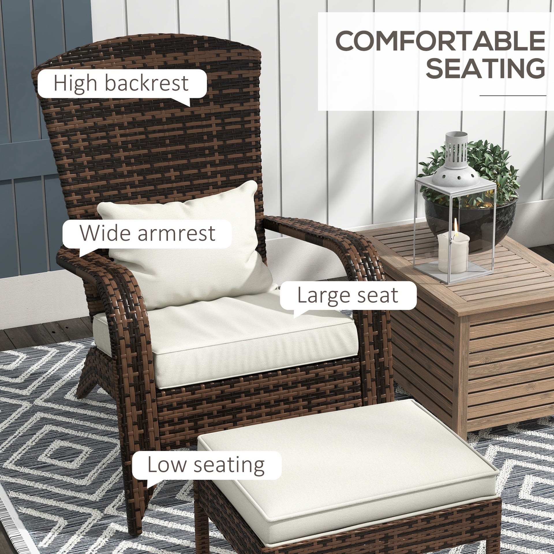 Outsunny Wicker Adirondack Chair Fire Pit Chair w/ Ottoman & Cushions, White