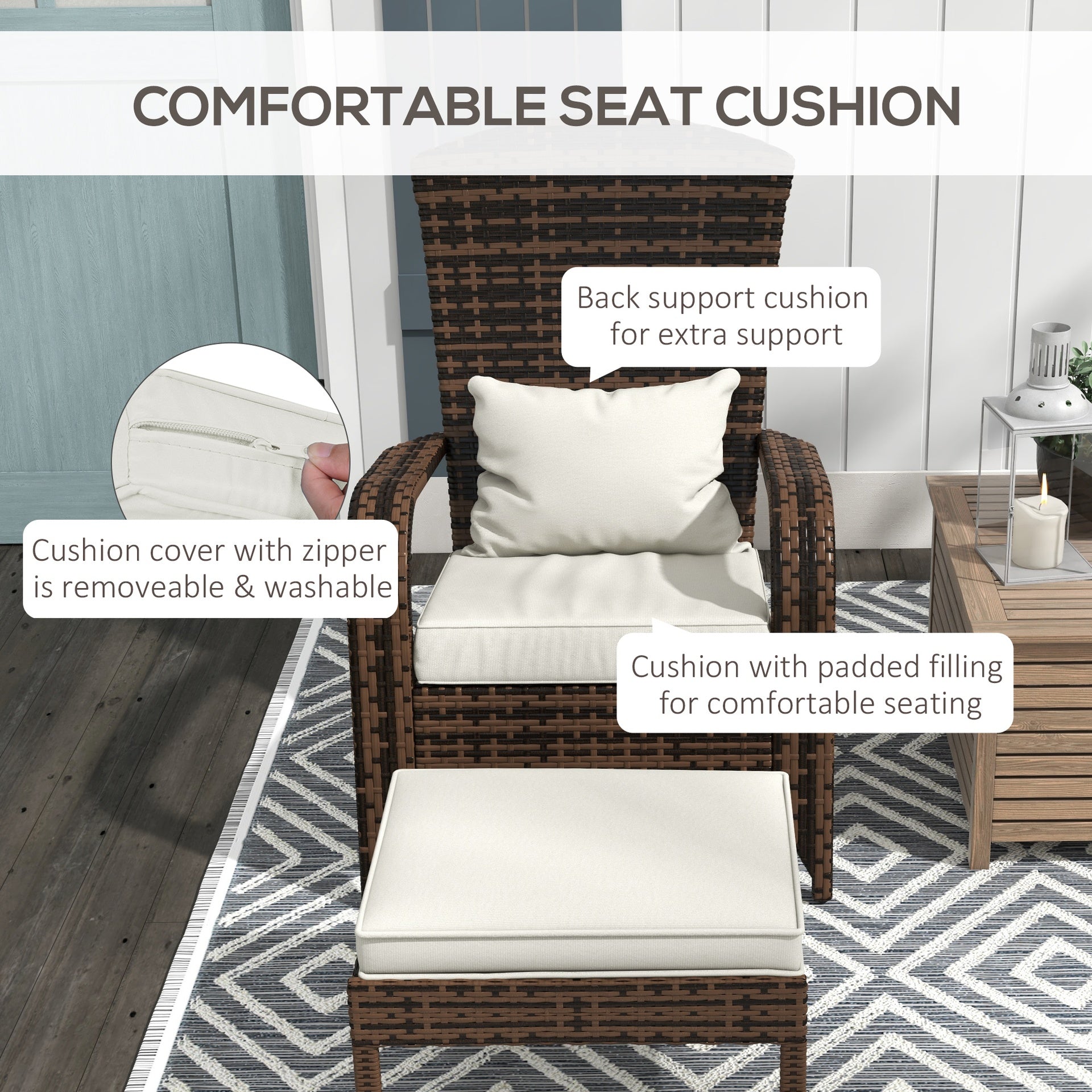 Outsunny Wicker Adirondack Chair Fire Pit Chair w/ Ottoman & Cushions, White