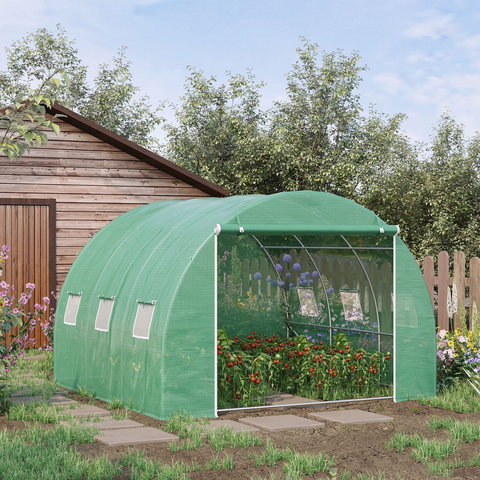 Outsunny 10' x 10' x 7' Walk-in Tunnel Greenhouse with High-Quality Transparent PE Cover, Zipper Doors & Windows