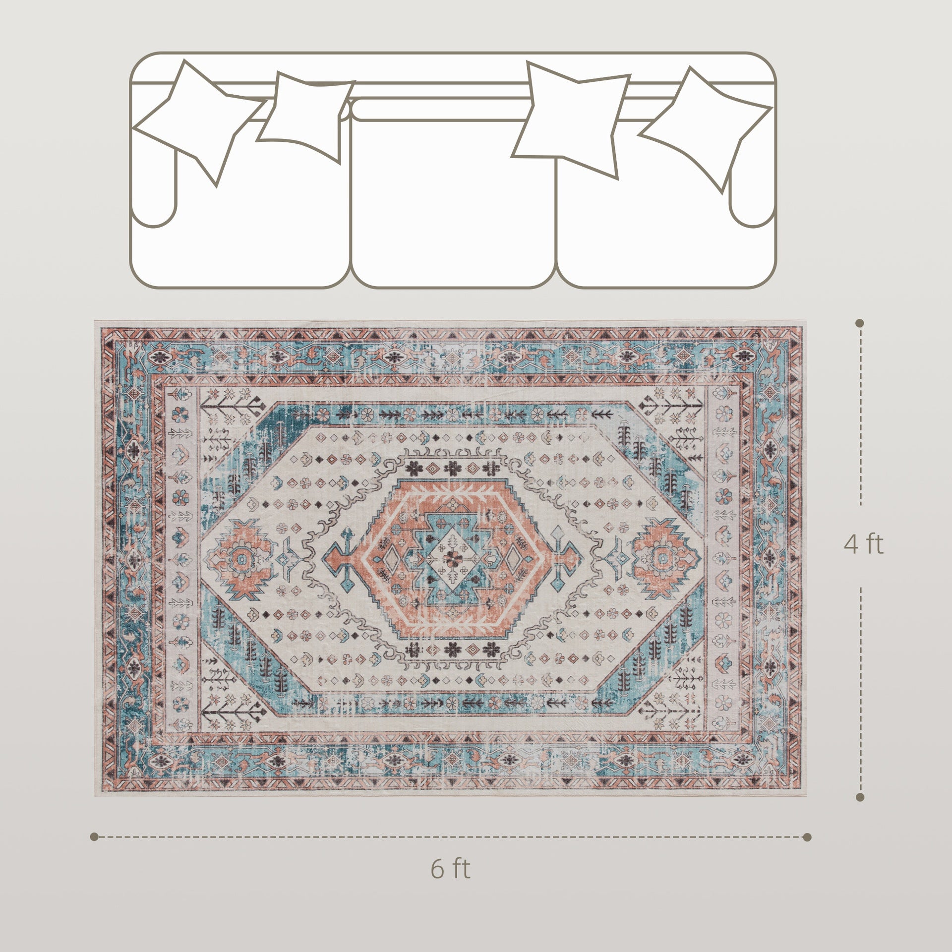 HOMCOM 4x6 Area Rug, Vintage Machine Washable Rug, Non-Slip Floor Carpet for Living Room, Bedroom, Dining Room, Brown and Blue