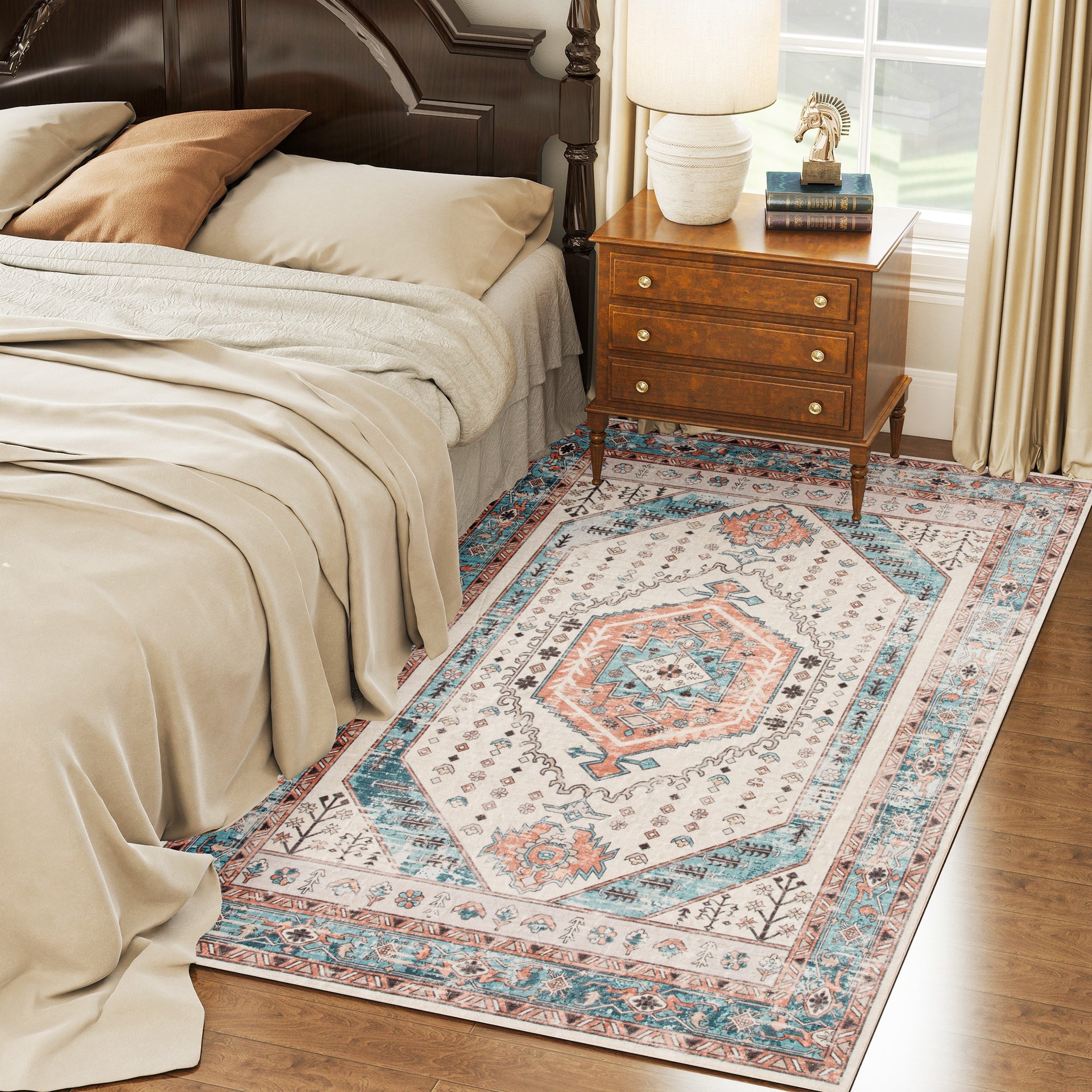HOMCOM 4x6 Area Rug, Vintage Machine Washable Rug, Non-Slip Floor Carpet for Living Room, Bedroom, Dining Room, Brown and Blue