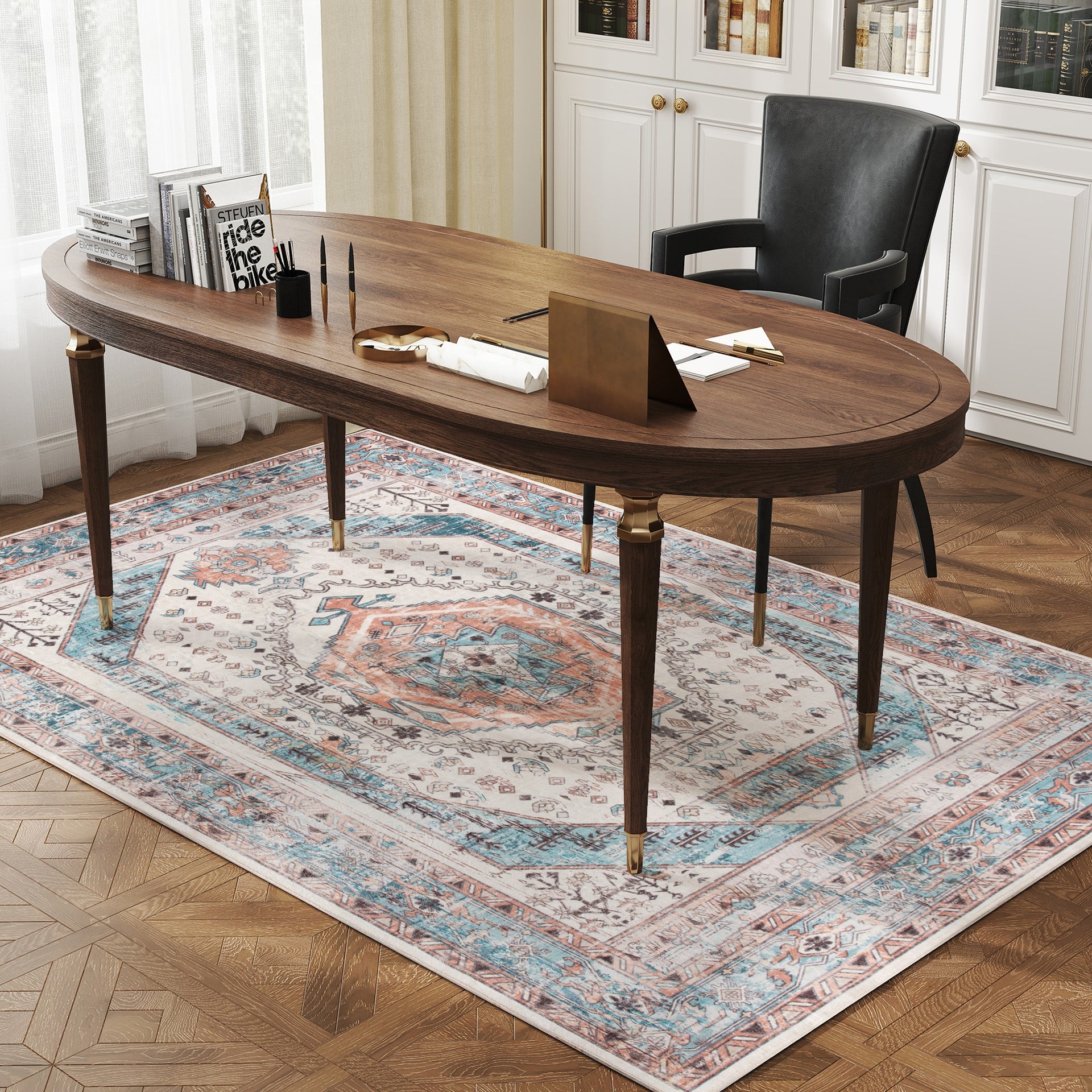 HOMCOM 4x6 Area Rug, Vintage Machine Washable Rug, Non-Slip Floor Carpet for Living Room, Bedroom, Dining Room, Brown and Blue