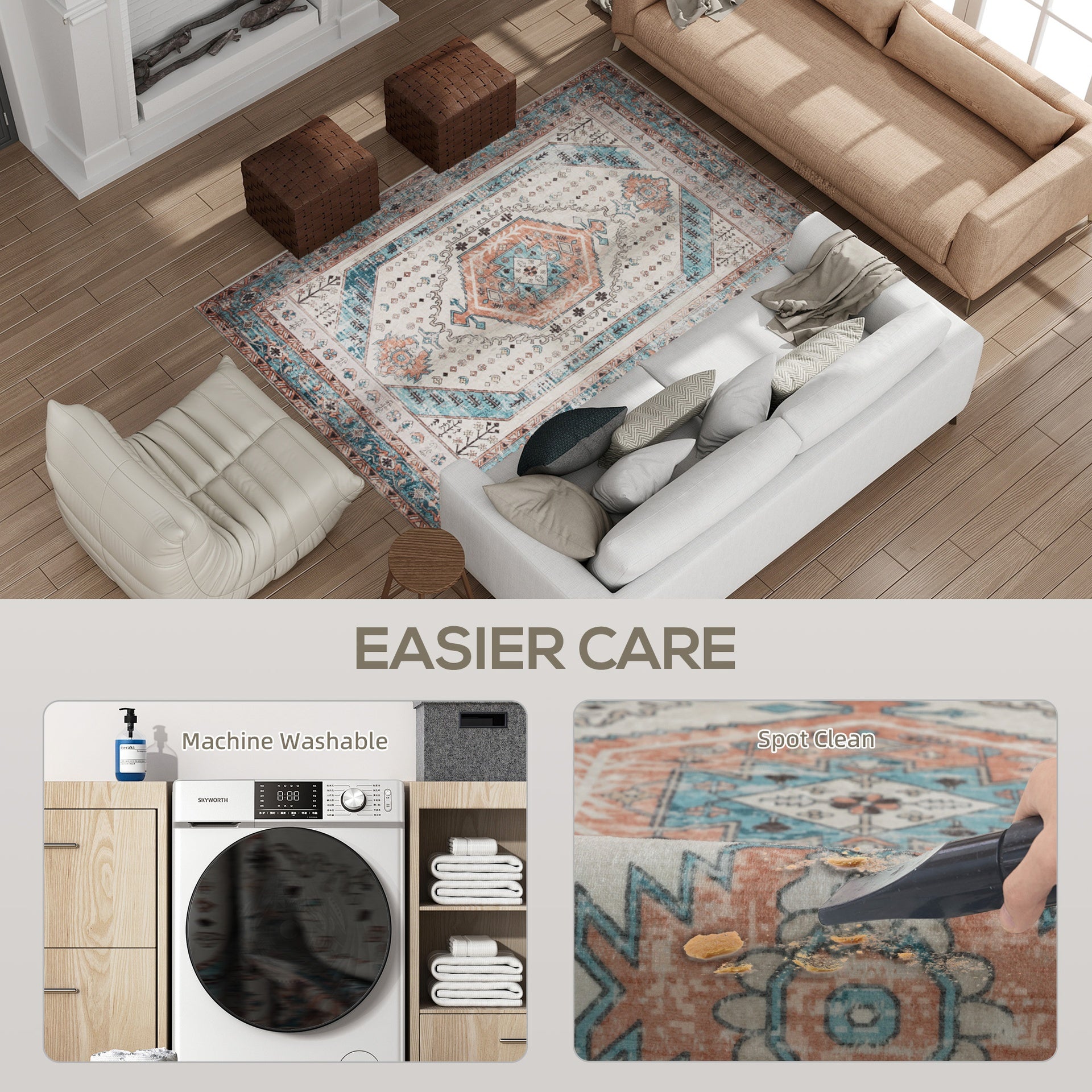 HOMCOM 4x6 Area Rug, Vintage Machine Washable Rug, Non-Slip Floor Carpet for Living Room, Bedroom, Dining Room, Brown and Blue