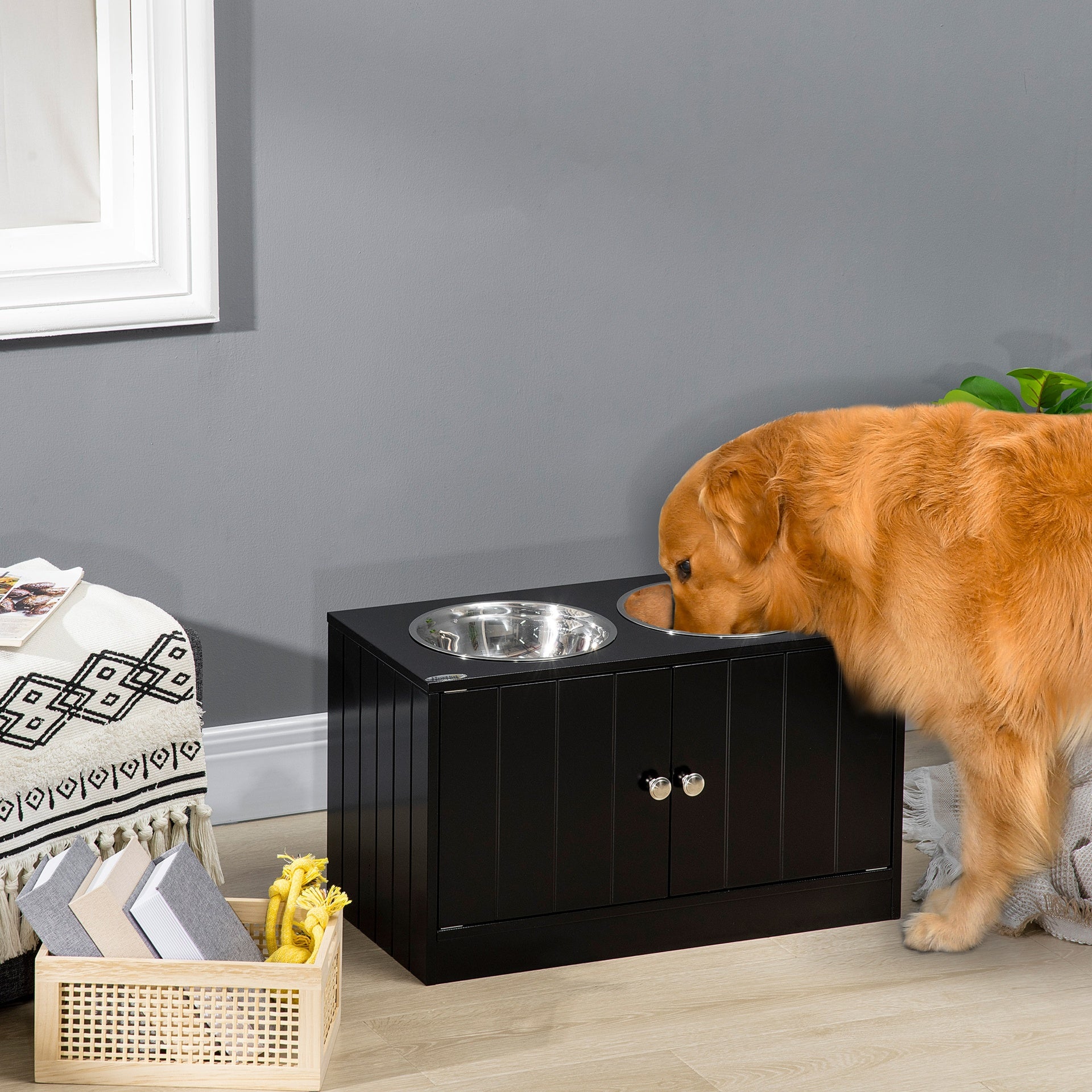PawHut Large Elevated Dog Bowls with Storage Cabinet Containing Large 44L Capacity, Raised Dog Bowl Stand Pet Food Bowl Pet Feeding Station, Black