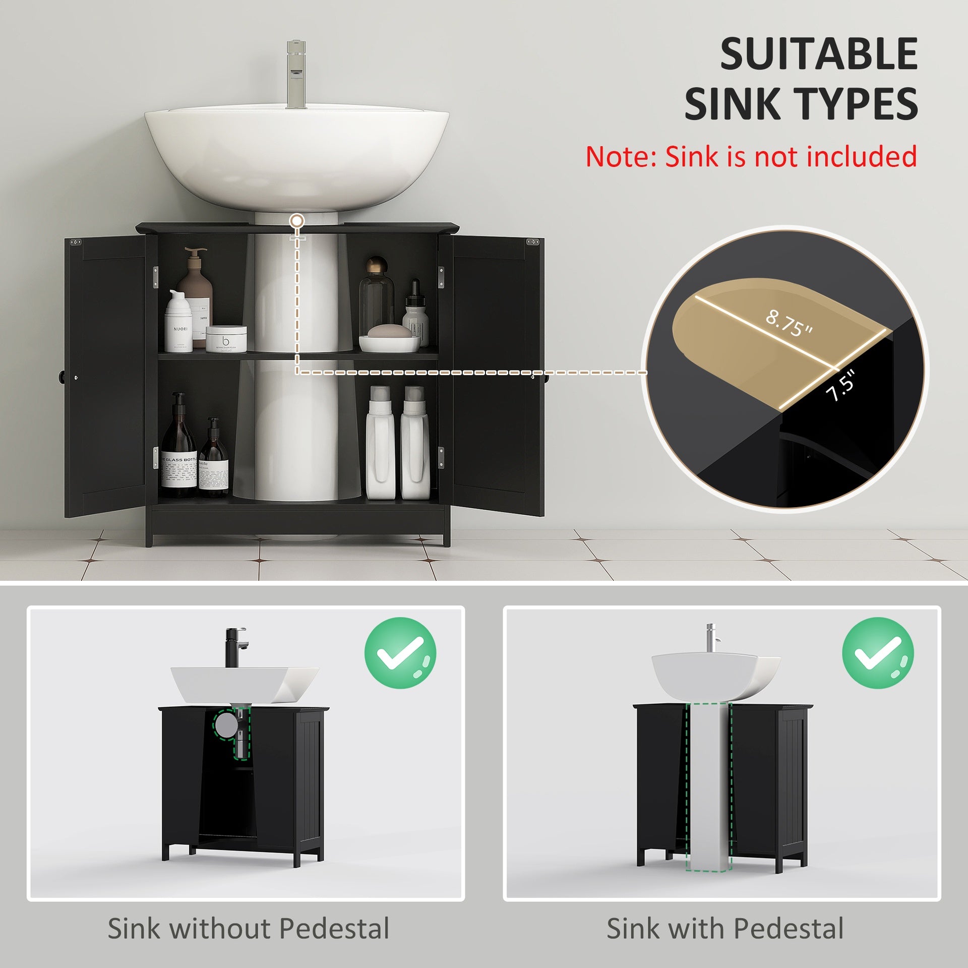 HOMCOM Under Sink Bathroom Cabinet, Pedestal Sink Storage Cabinet with 2 Doors, Shelf and U-Shape, Black