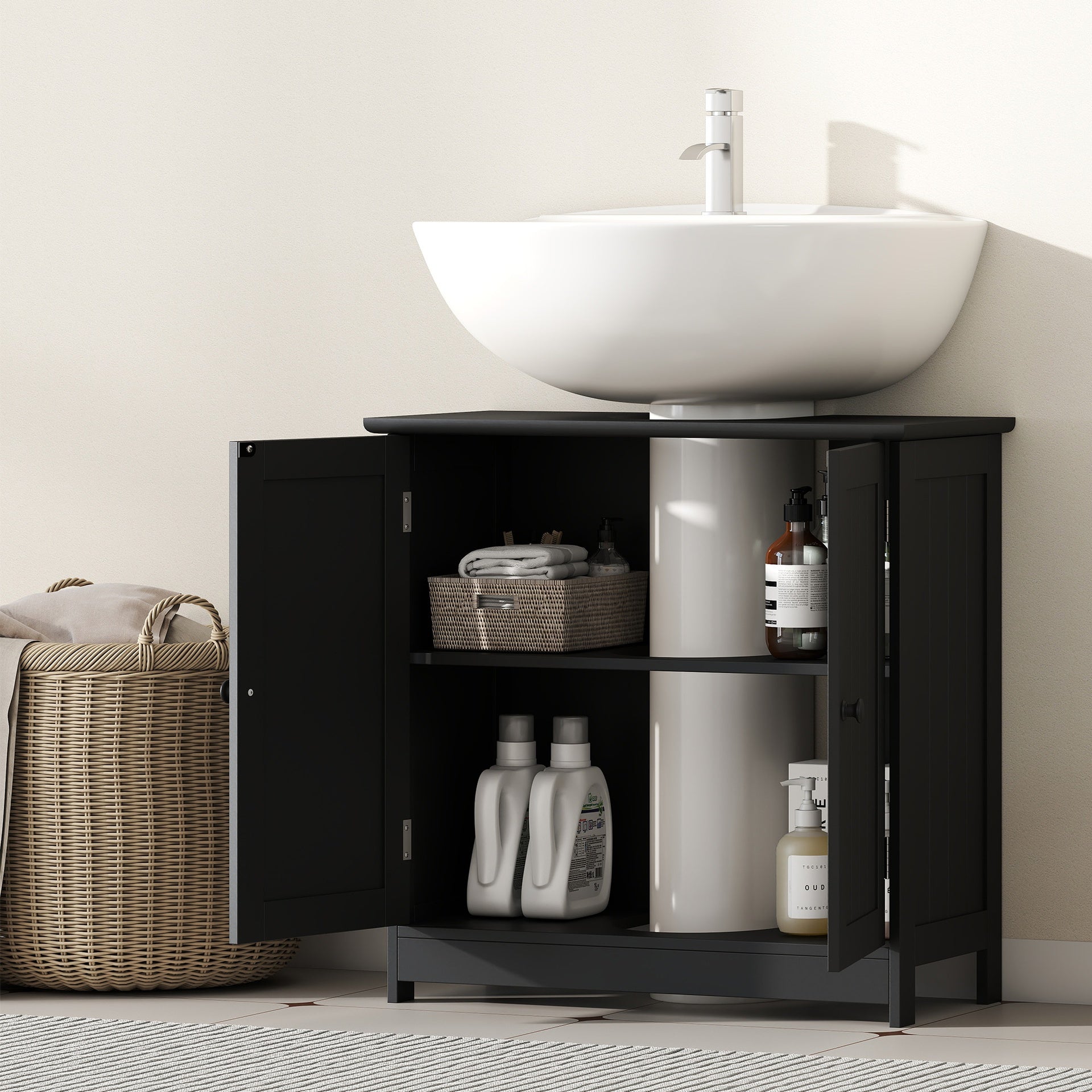 HOMCOM Under Sink Bathroom Cabinet, Pedestal Sink Storage Cabinet with 2 Doors, Shelf and U-Shape, Black