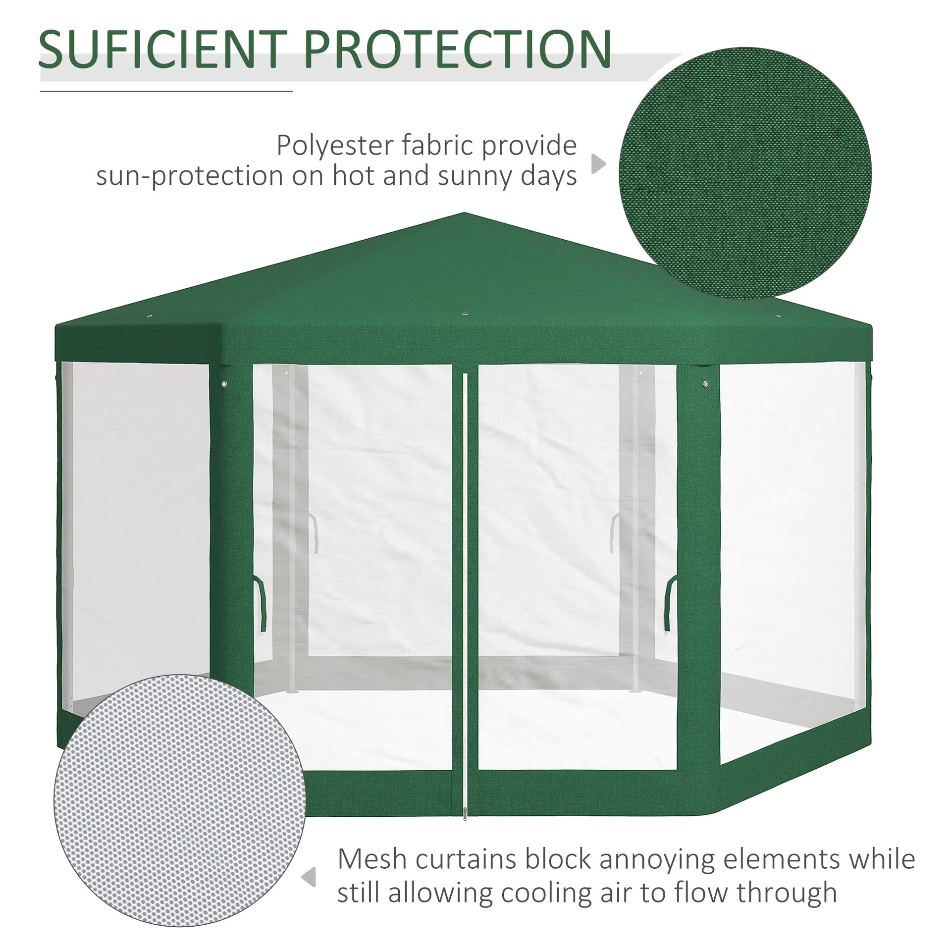 Outsunny 13' x 11' Outdoor Party Tent, Hexagon Sun Shade Shelter Canopy w/ Protective Mesh Sidewalls, Ropes & Stakes, Green