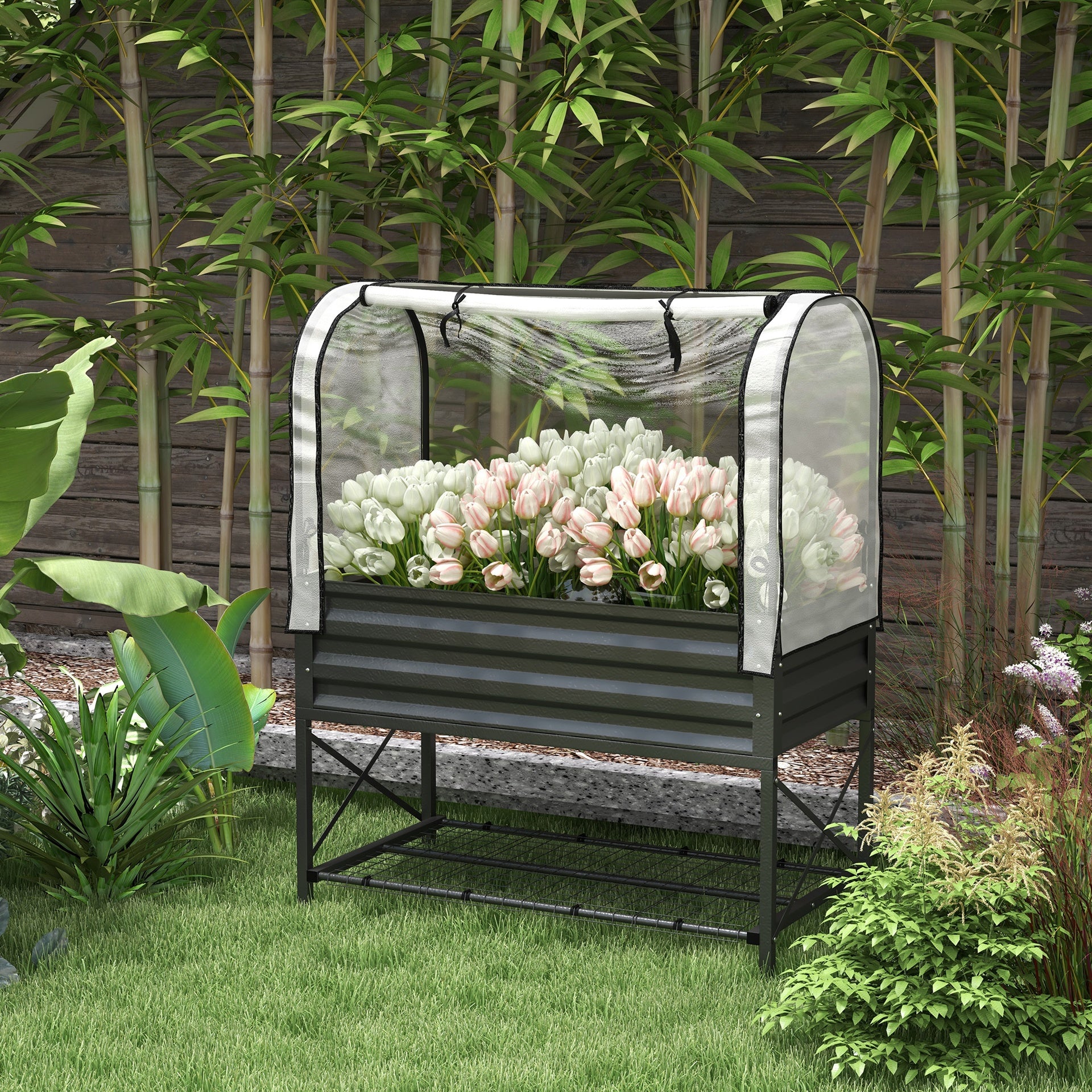 Outsunny Raised Garden Bed with Legs and Cover, Metal Elevated Planter Box with Bottom Shelf and Liner for Vegetables, Black