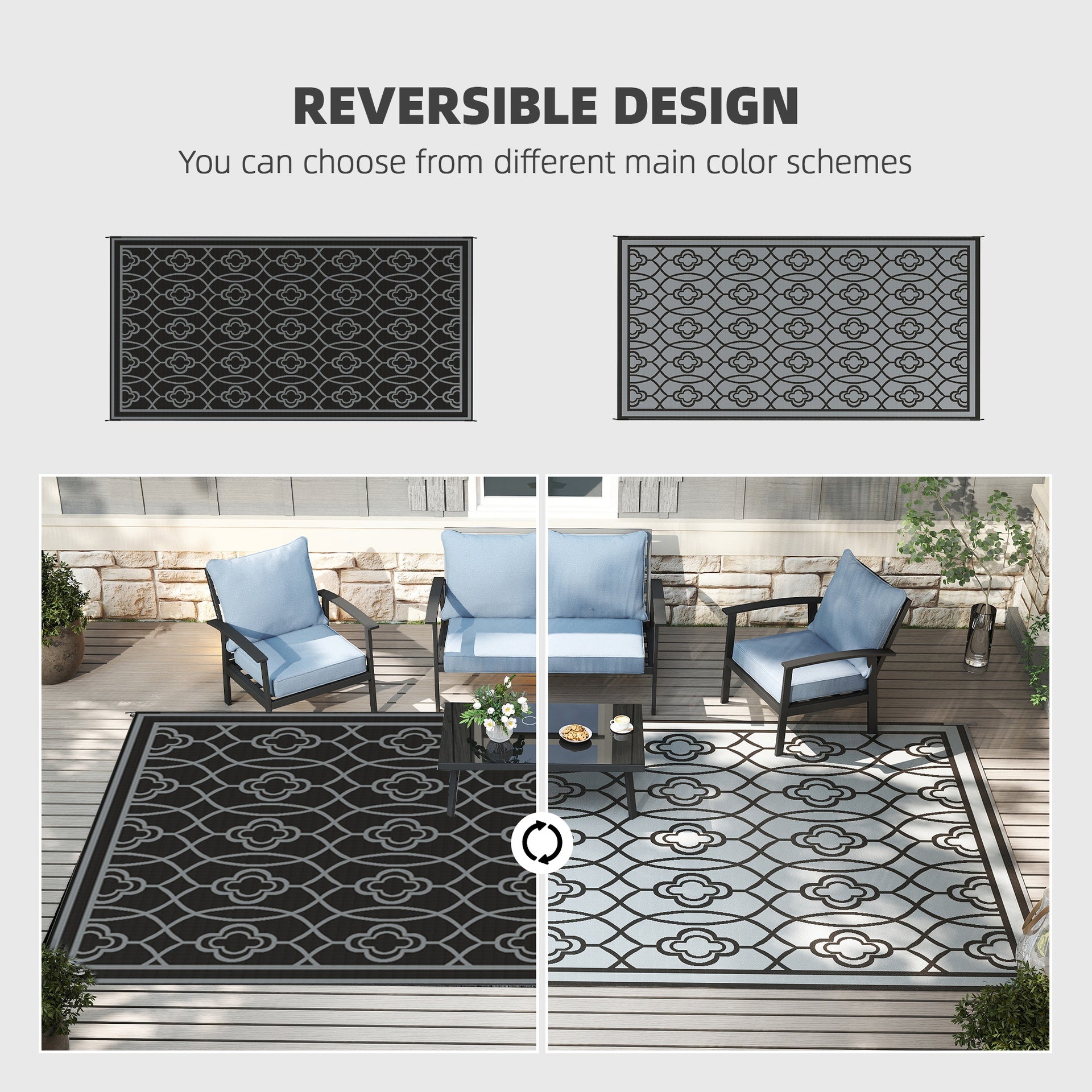Outsunny Reversible Outdoor Rug, Waterproof Plastic Straw with Carry Bag, 9' x 18', Black & Gray Lantern