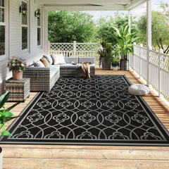 Outsunny Reversible Outdoor Rug, Waterproof Plastic Straw with Carry Bag, 9' x 18', Black & Gray Lantern