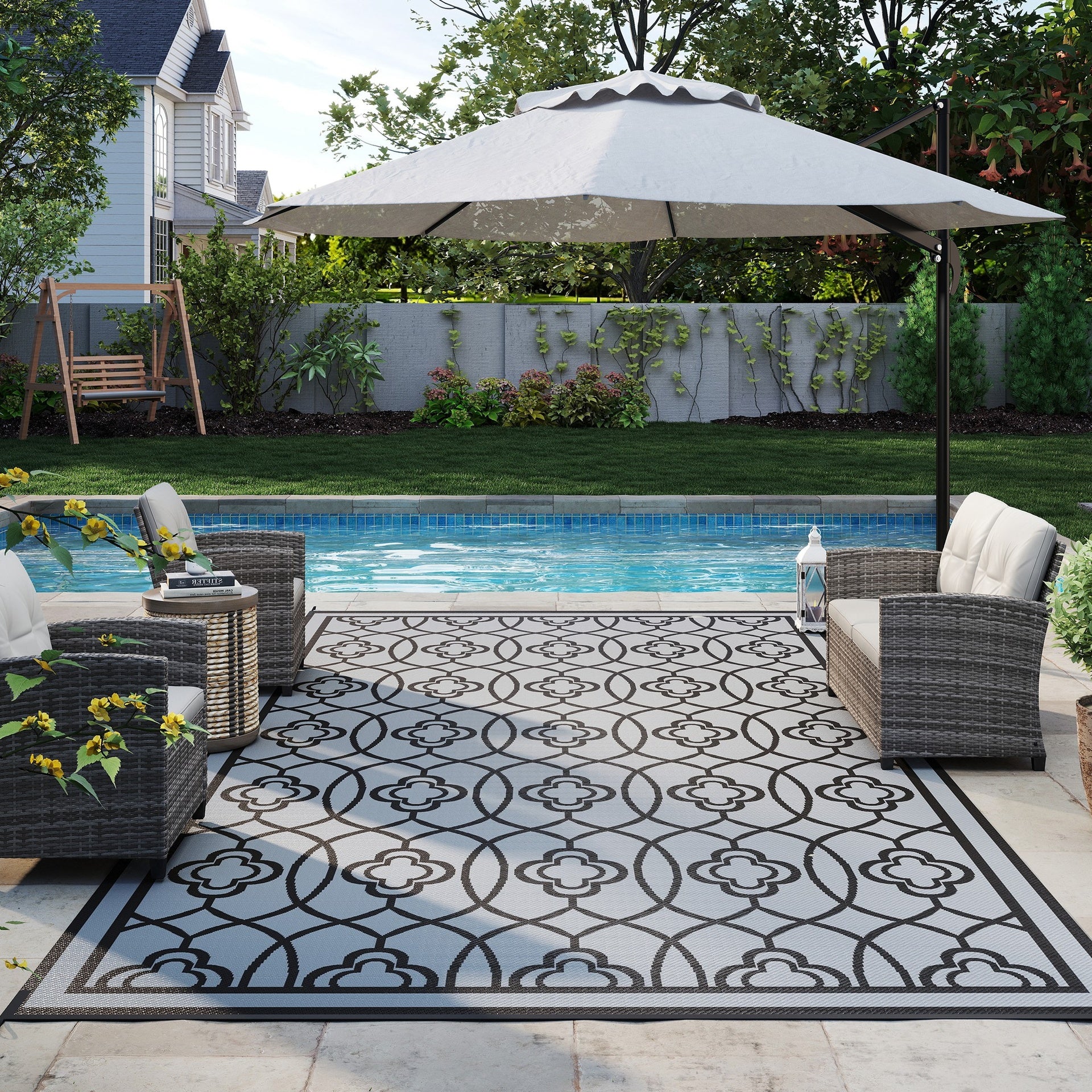 Outsunny Reversible Outdoor Rug, Waterproof Plastic Straw with Carry Bag, 9' x 18', Black & Gray Lantern