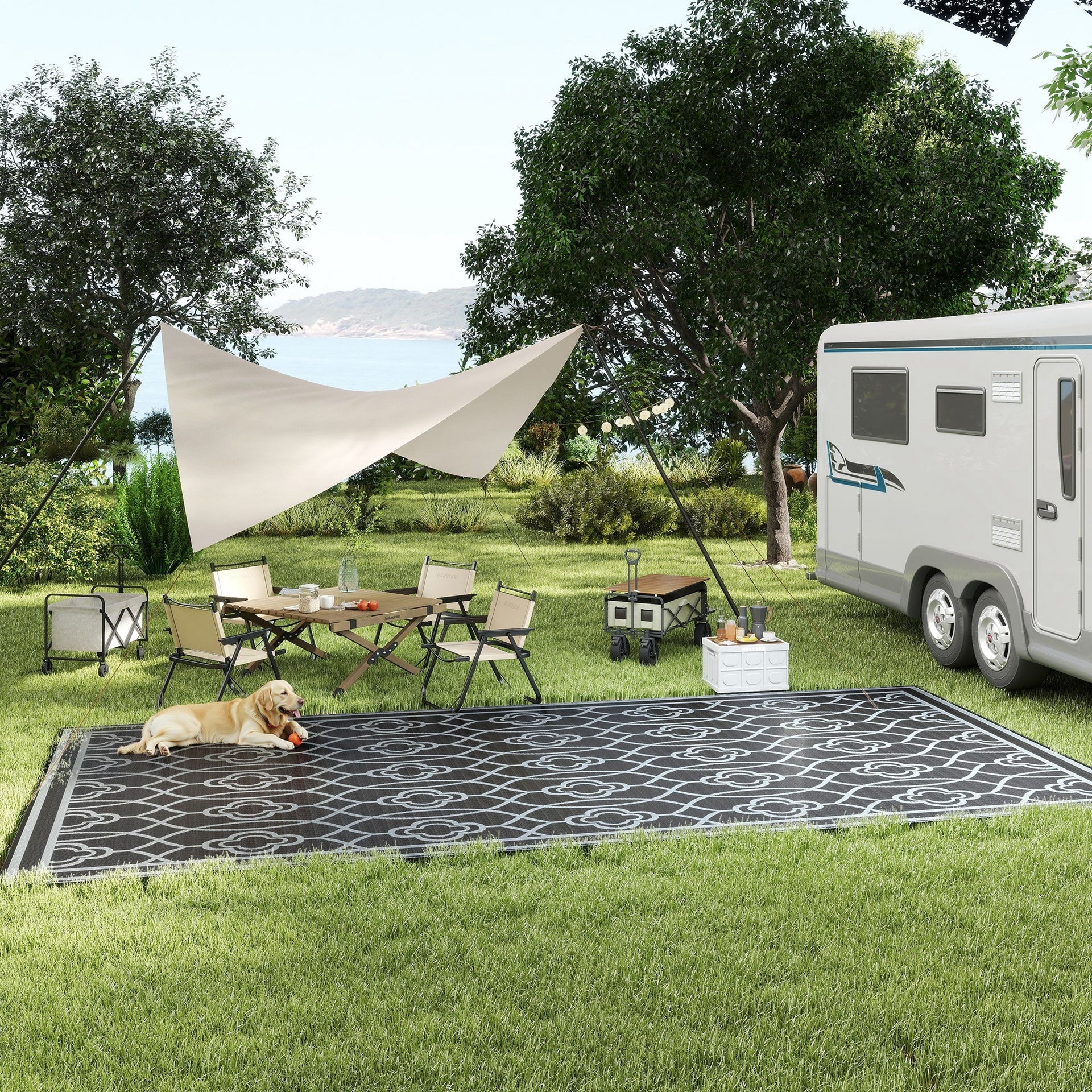 Outsunny Reversible Outdoor Rug, Waterproof Plastic Straw with Carry Bag, 9' x 18', Black & Gray Lantern