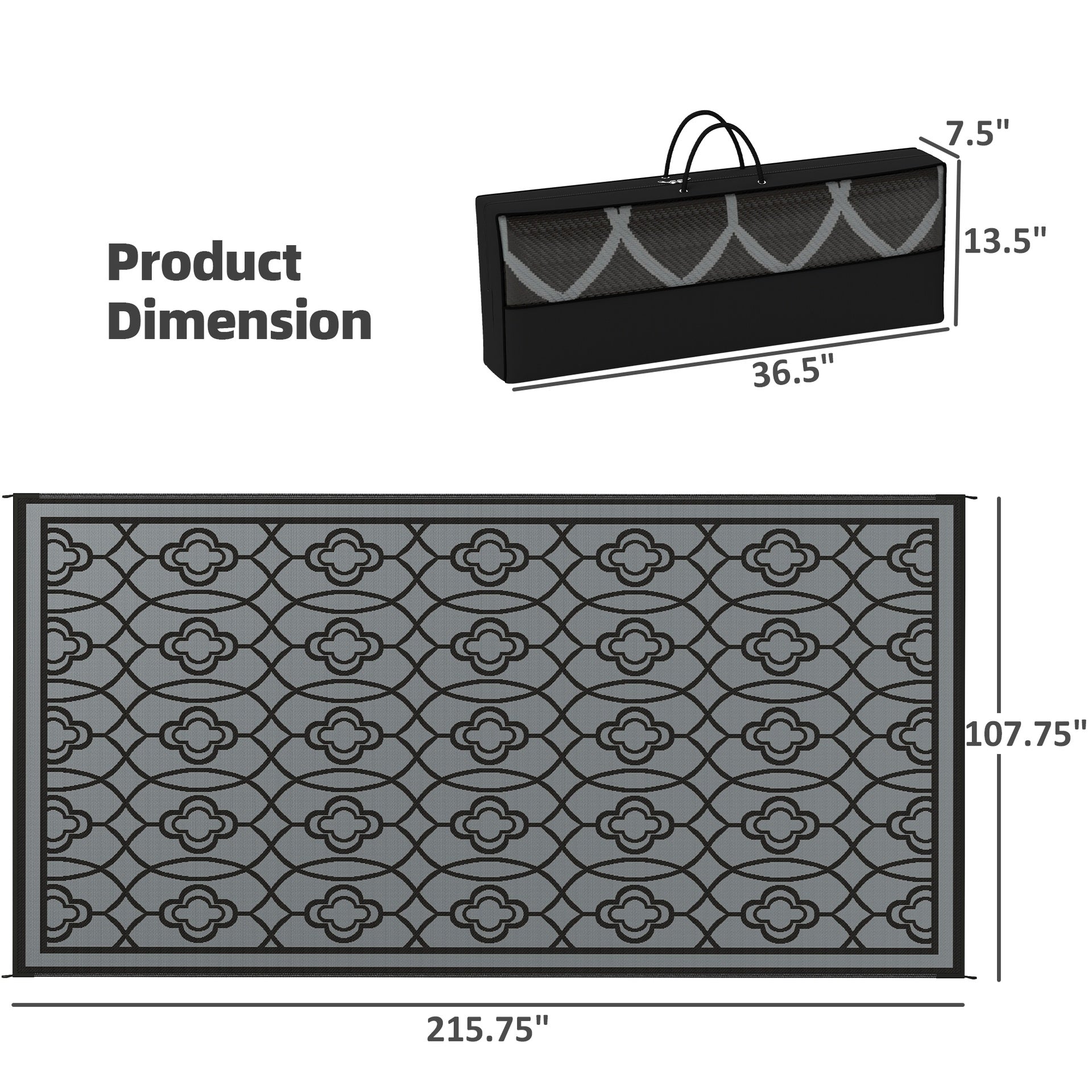 Outsunny Reversible Outdoor Rug, Waterproof Plastic Straw with Carry Bag, 9' x 18', Black & Gray Lantern