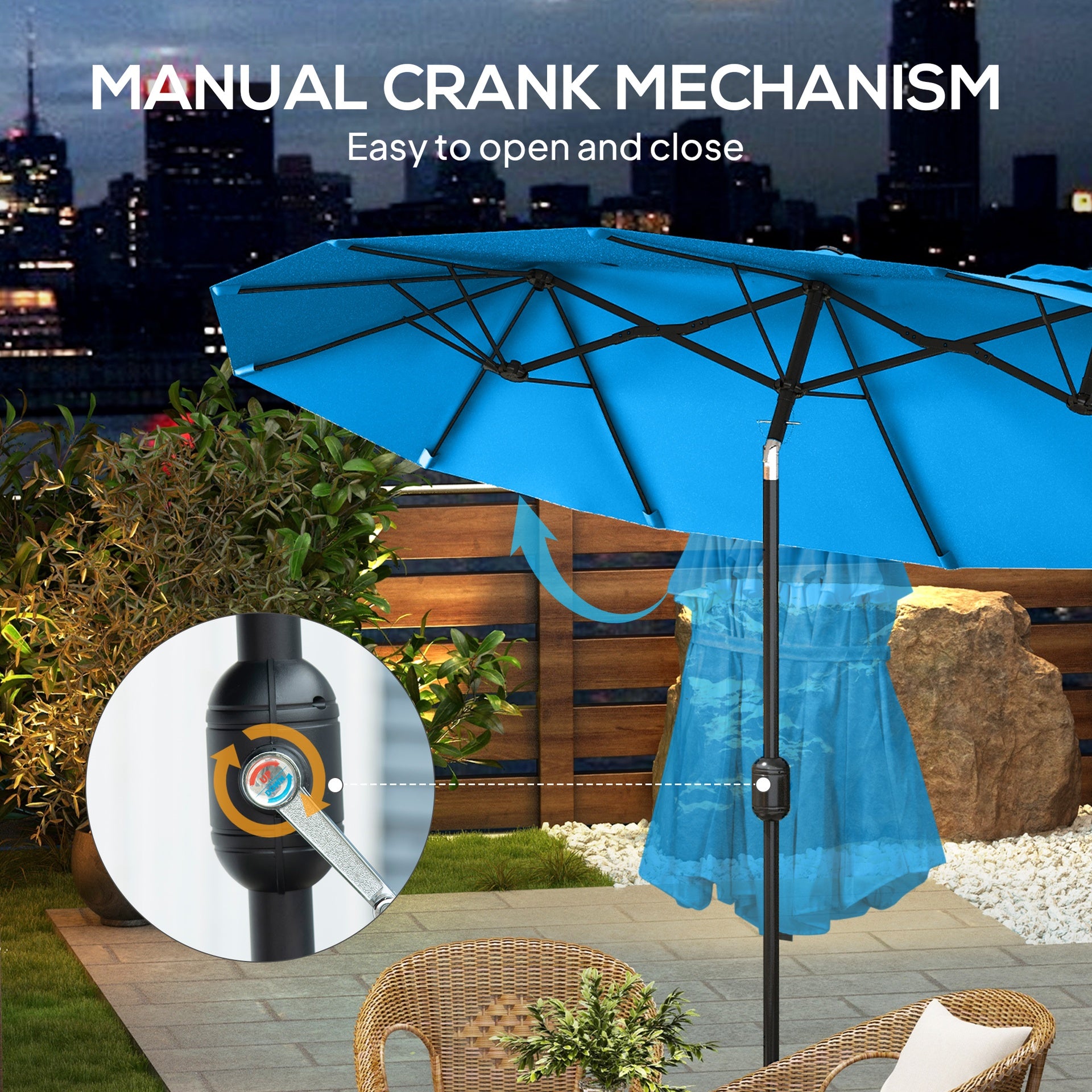 Outsunny Double-sided Patio Umbrella, 9.5' Outdoor Umbrella with Push Button Tilt and Crank, 3 Air Vents and 12 Ribs, Cyan Blue