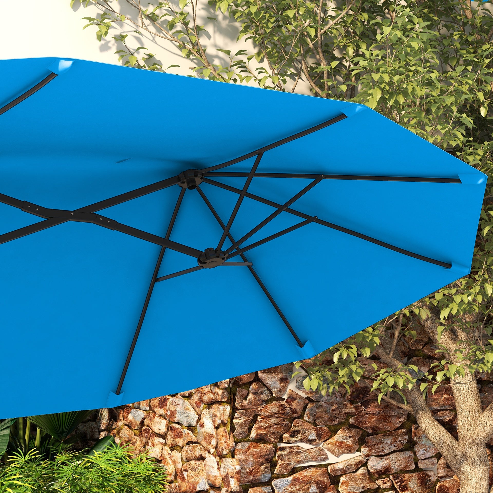 Outsunny Double-sided Patio Umbrella, 9.5' Outdoor Umbrella with Push Button Tilt and Crank, 3 Air Vents and 12 Ribs, Cyan Blue