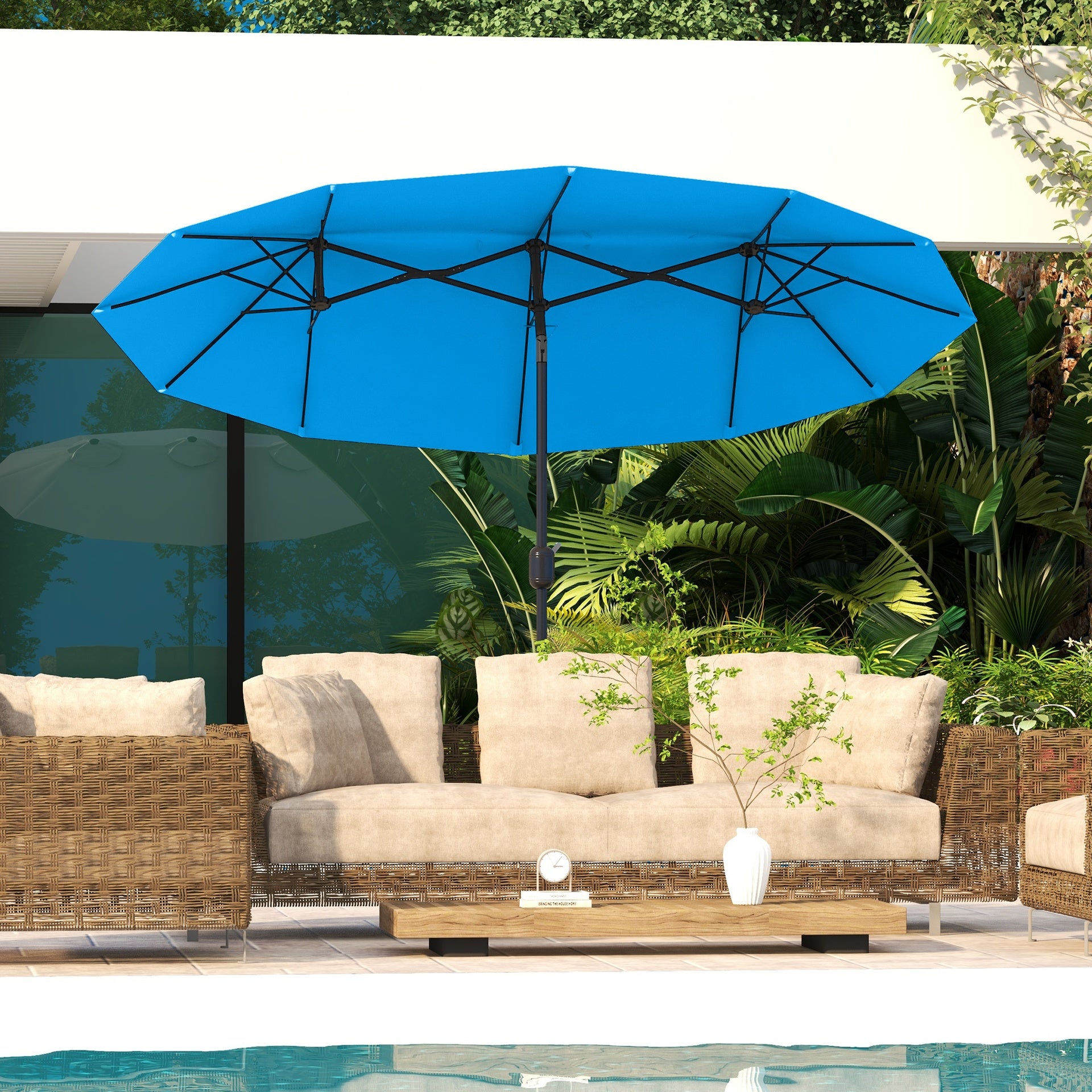 Outsunny Double-sided Patio Umbrella, 9.5' Outdoor Umbrella with Push Button Tilt and Crank, 3 Air Vents and 12 Ribs, Cyan Blue