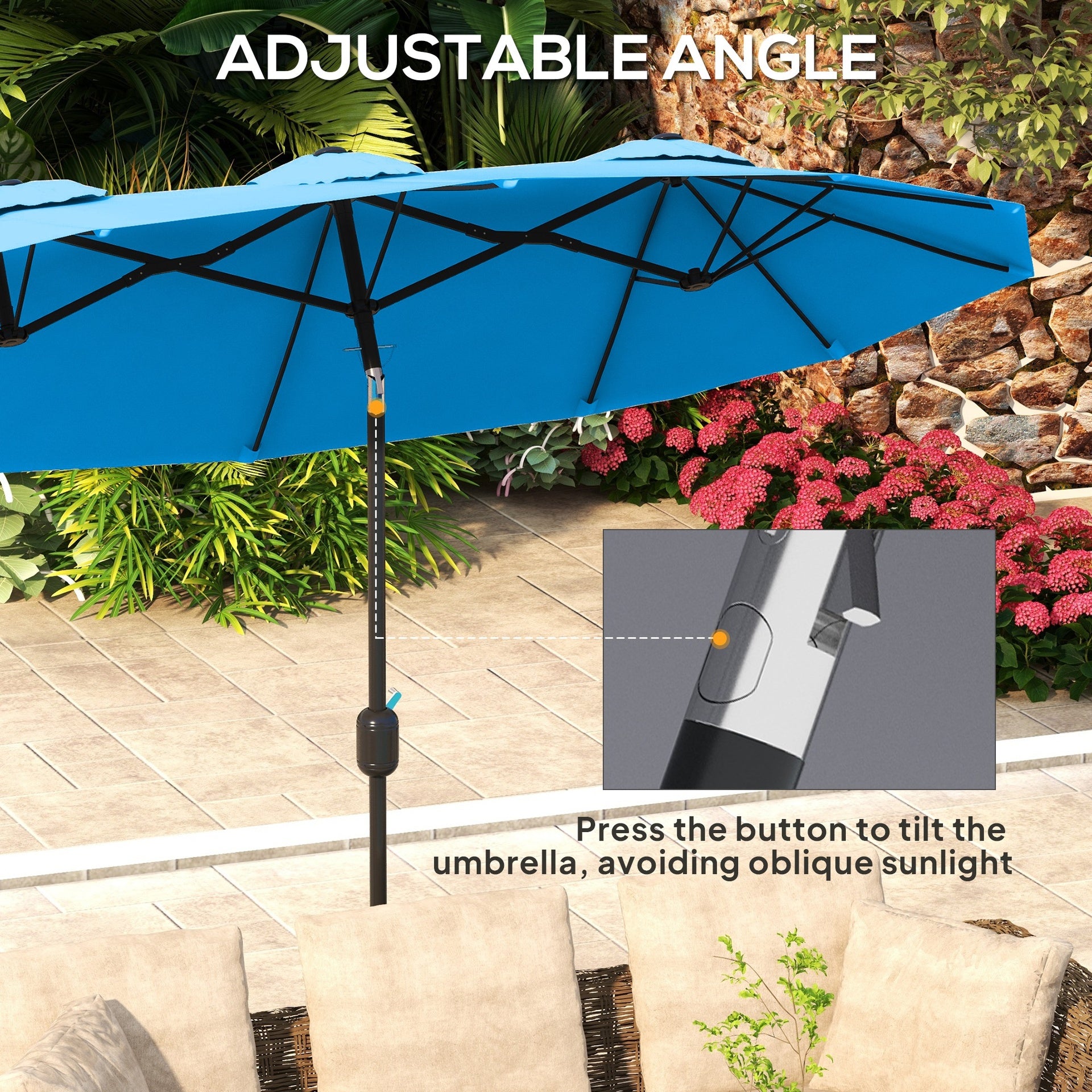 Outsunny Double-sided Patio Umbrella, 9.5' Outdoor Umbrella with Push Button Tilt and Crank, 3 Air Vents and 12 Ribs, Cyan Blue