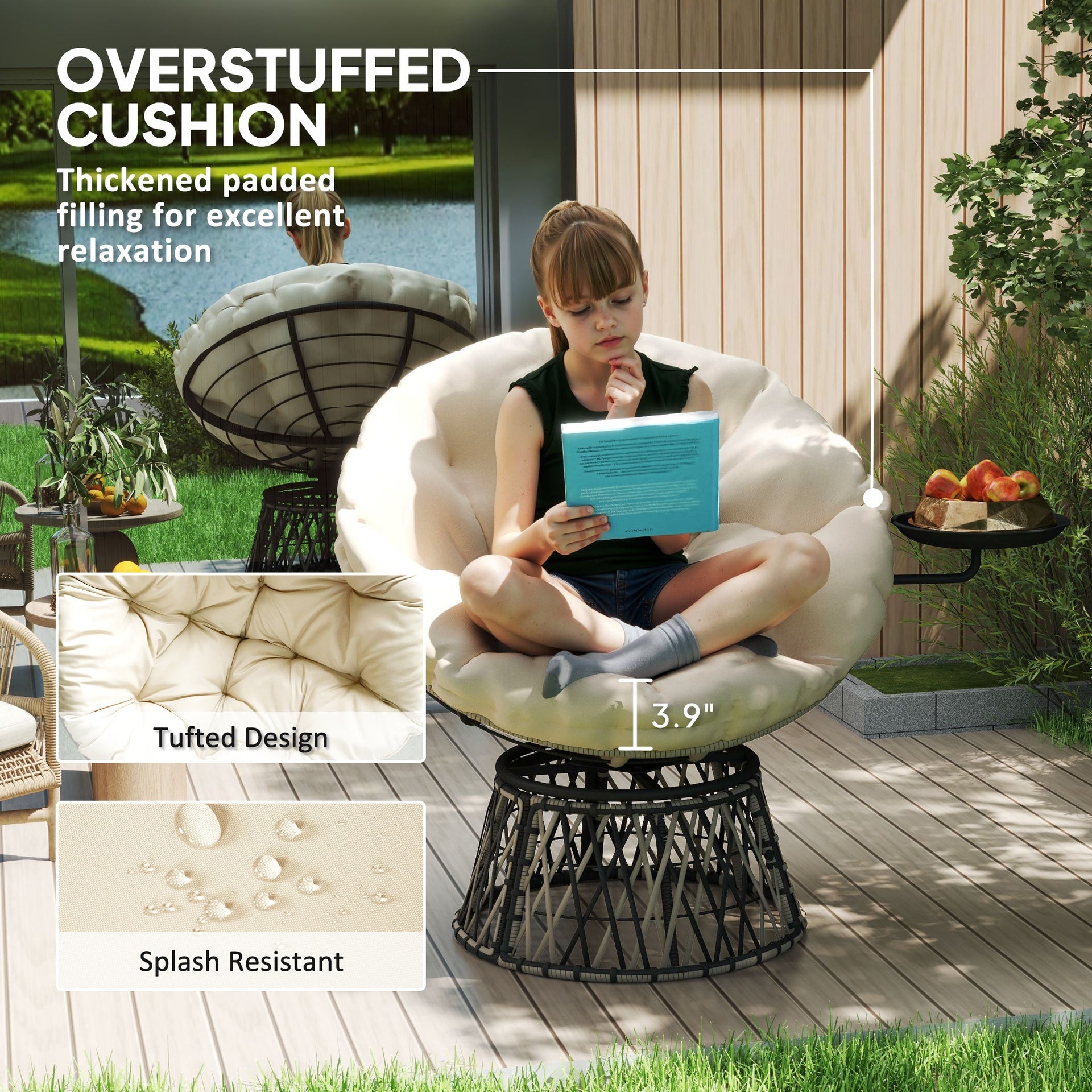 Outsunny 360° Swivel Outdoor Papasan Chair, 39" Overstuffed Circle Chair with Side Tray, Thick Cushion for Indoor Patio, Beige