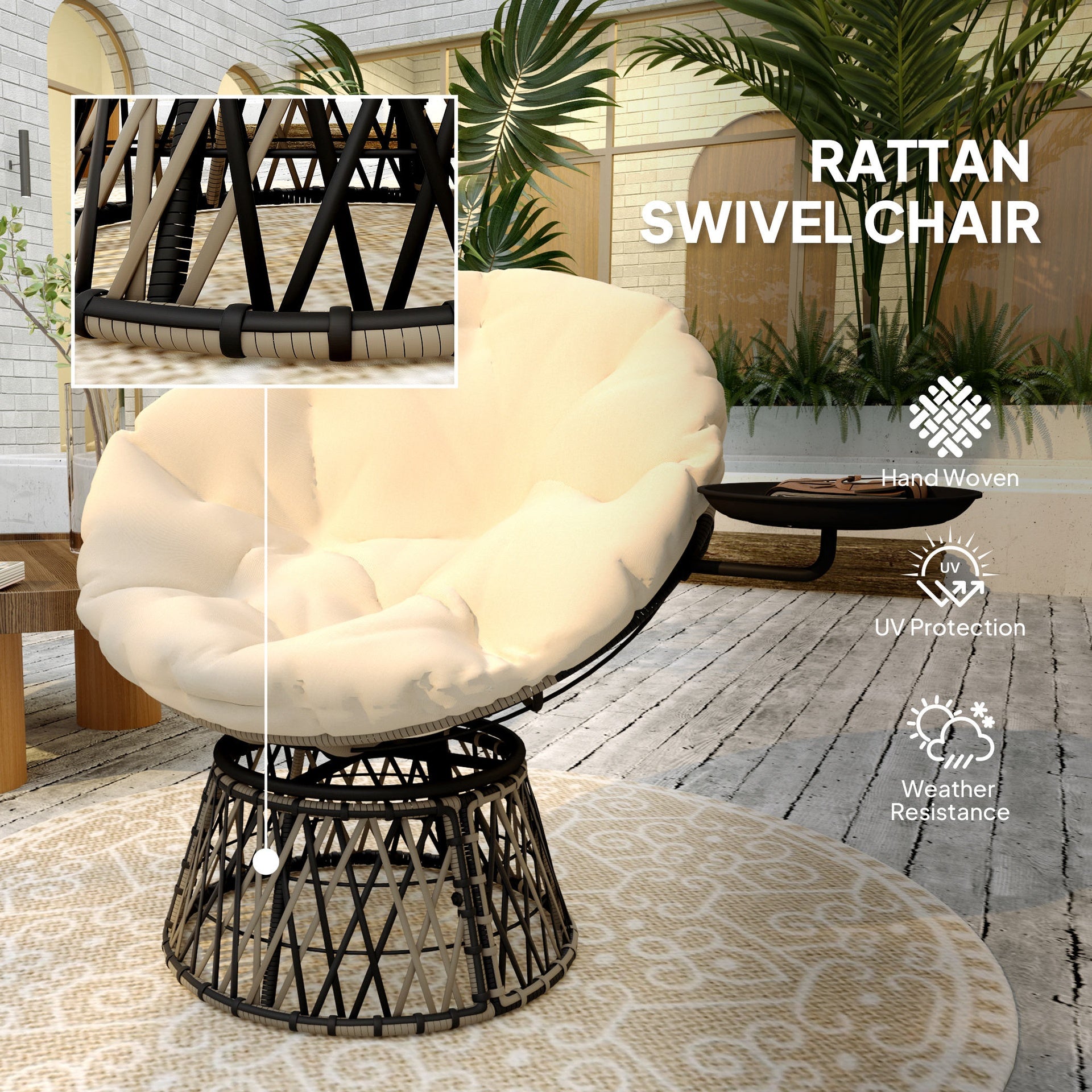 Outsunny 360° Swivel Outdoor Papasan Chair, 39" Overstuffed Circle Chair with Side Tray, Thick Cushion for Indoor Patio, Beige
