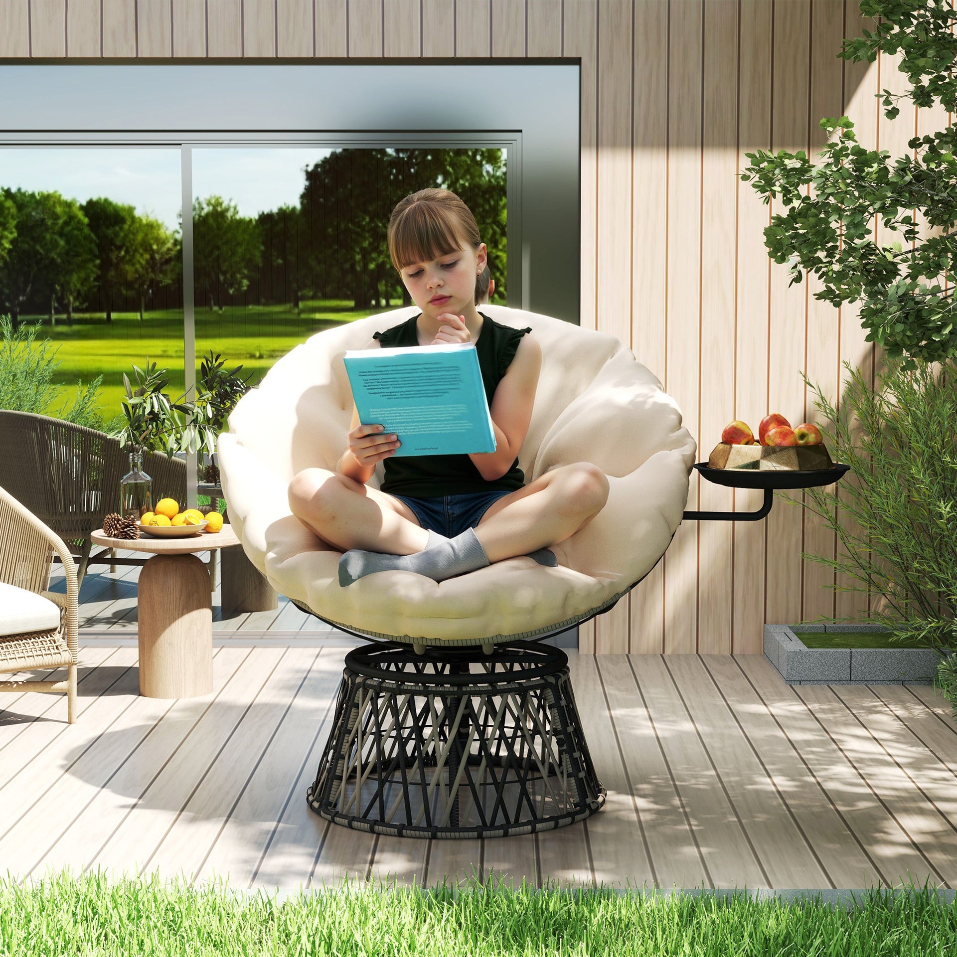 Outsunny 360° Swivel Outdoor Papasan Chair, 39" Overstuffed Circle Chair with Side Tray, Thick Cushion for Indoor Patio, Beige