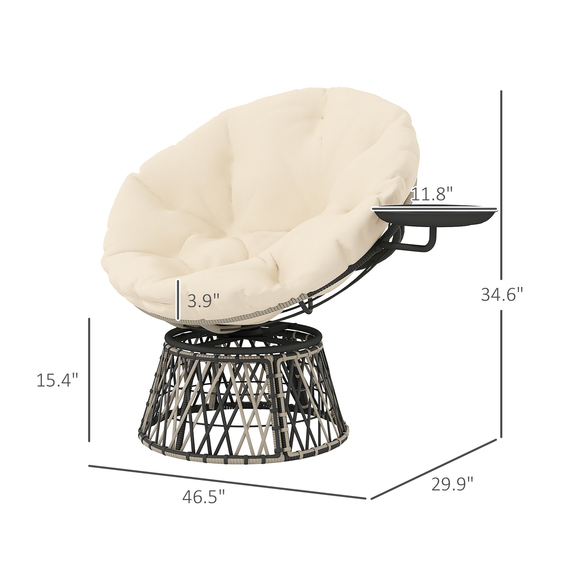 Outsunny 360° Swivel Outdoor Papasan Chair, 39" Overstuffed Circle Chair with Side Tray, Thick Cushion for Indoor Patio, Beige