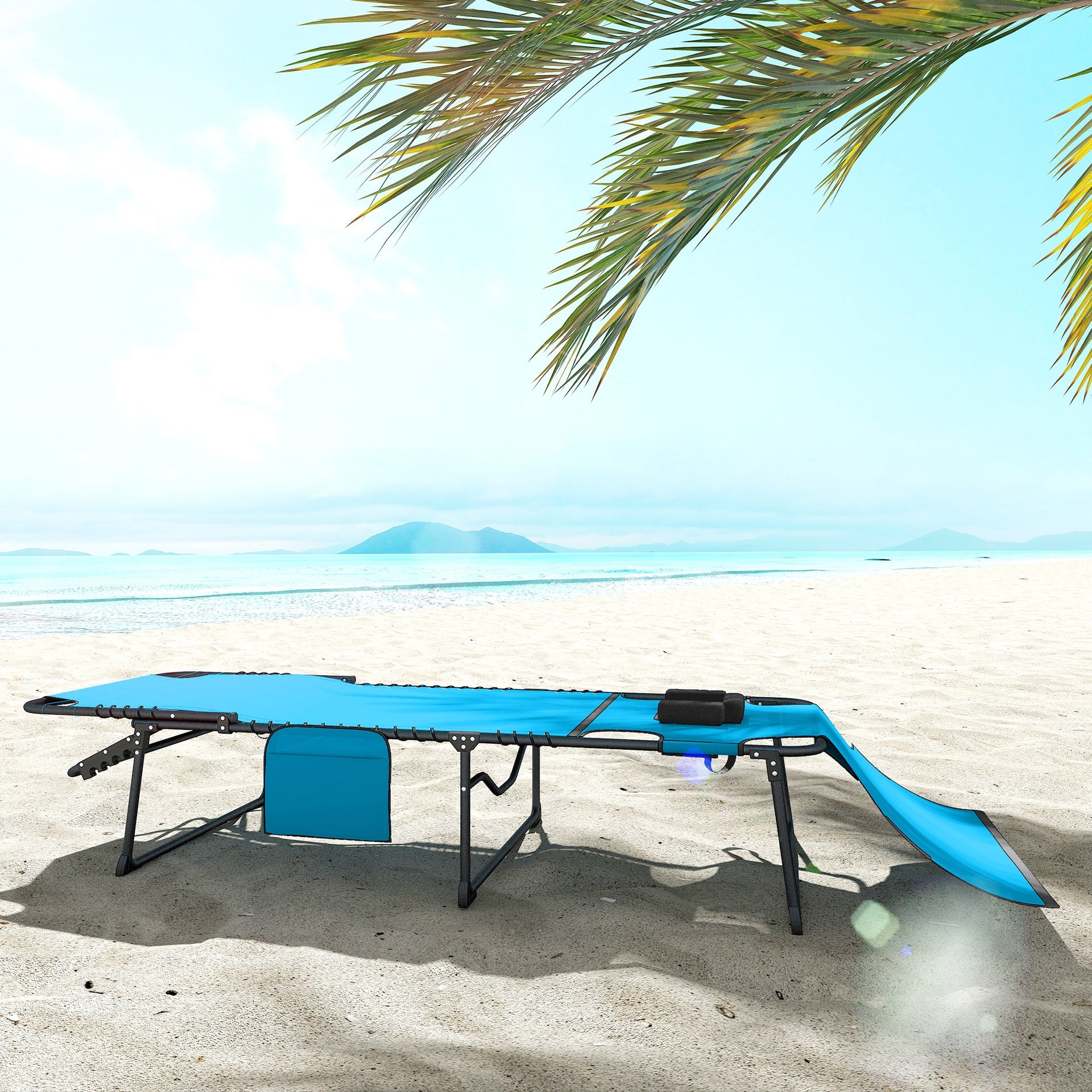 Outsunny Folding Chaise Tanning Lounge Chair w/ 5-level Reclining Back, Reading Hole, Side Pocket, Headrest, Blue
