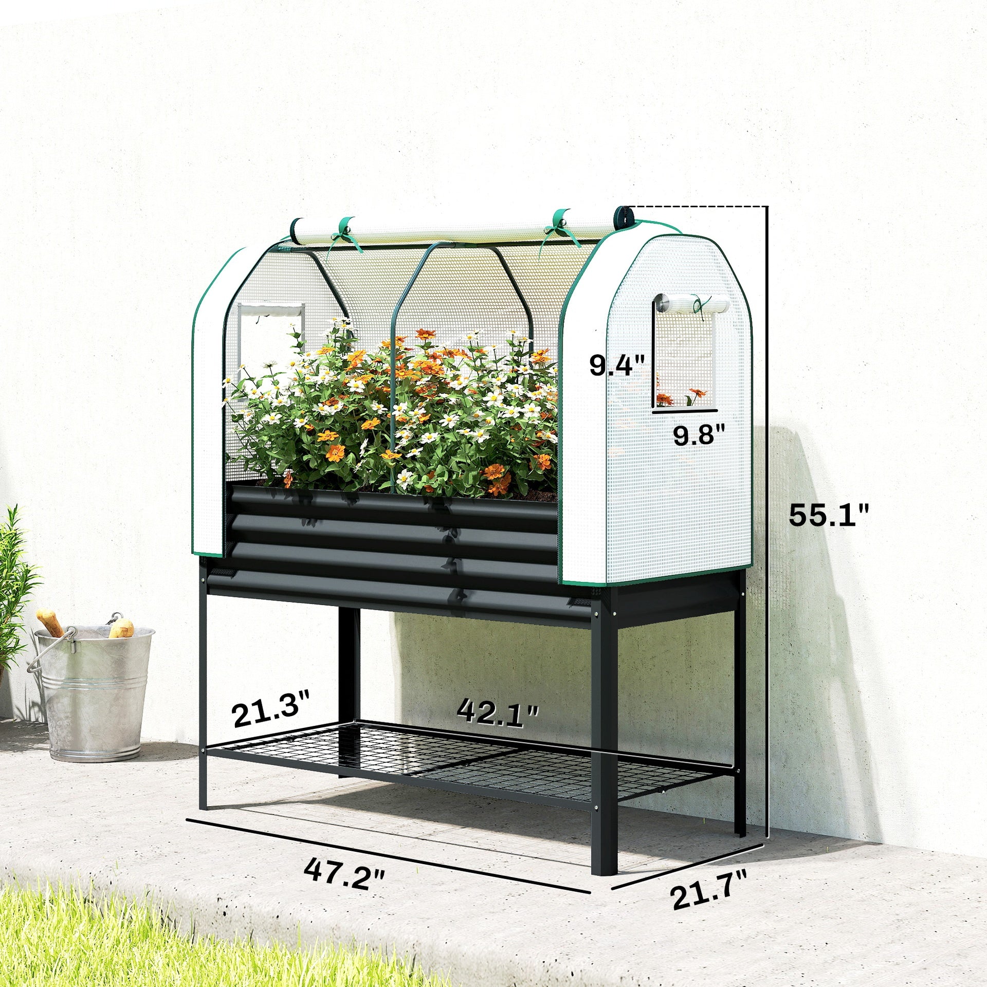 Outsunny Galvanised Raised Garden Bed with Greenhouse Cover, Metal Elevated Garden Bed with Bed Liner, Bottom Shelf, Black