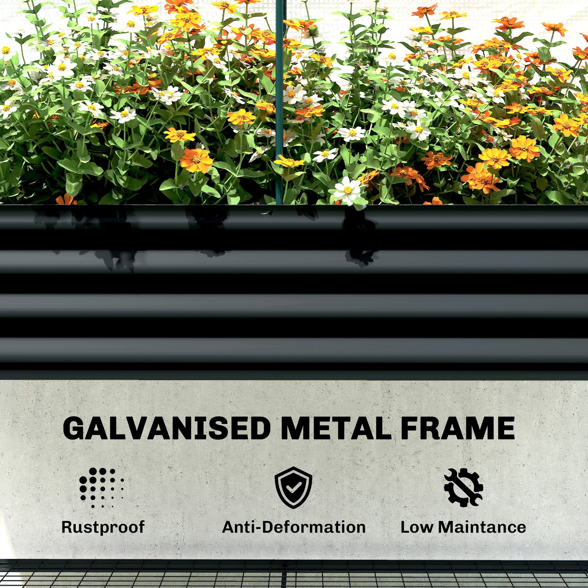 Outsunny Galvanised Raised Garden Bed with Greenhouse Cover, Metal Elevated Garden Bed with Bed Liner, Bottom Shelf, Black