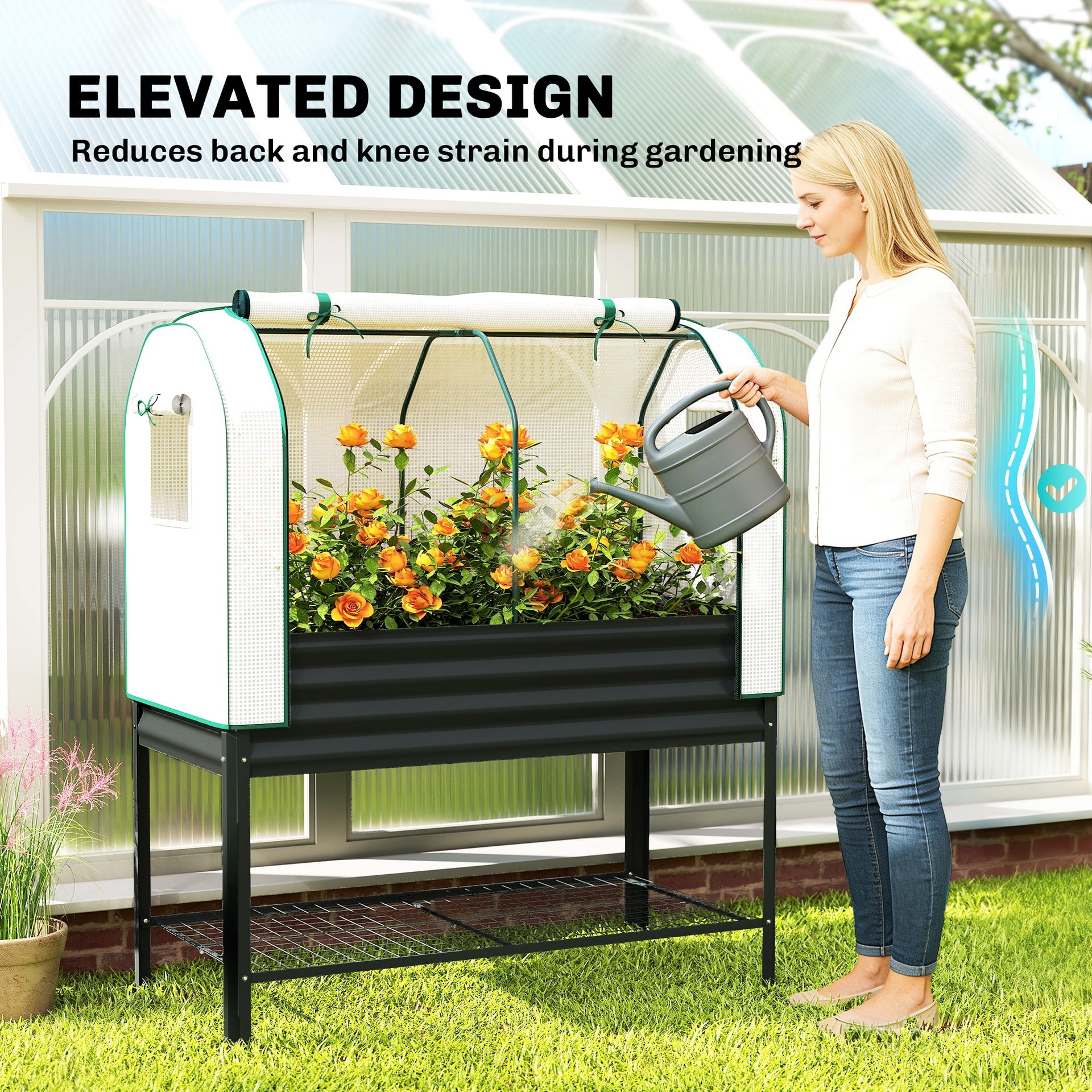 Outsunny Galvanised Raised Garden Bed with Greenhouse Cover, Metal Elevated Garden Bed with Bed Liner, Bottom Shelf, Black