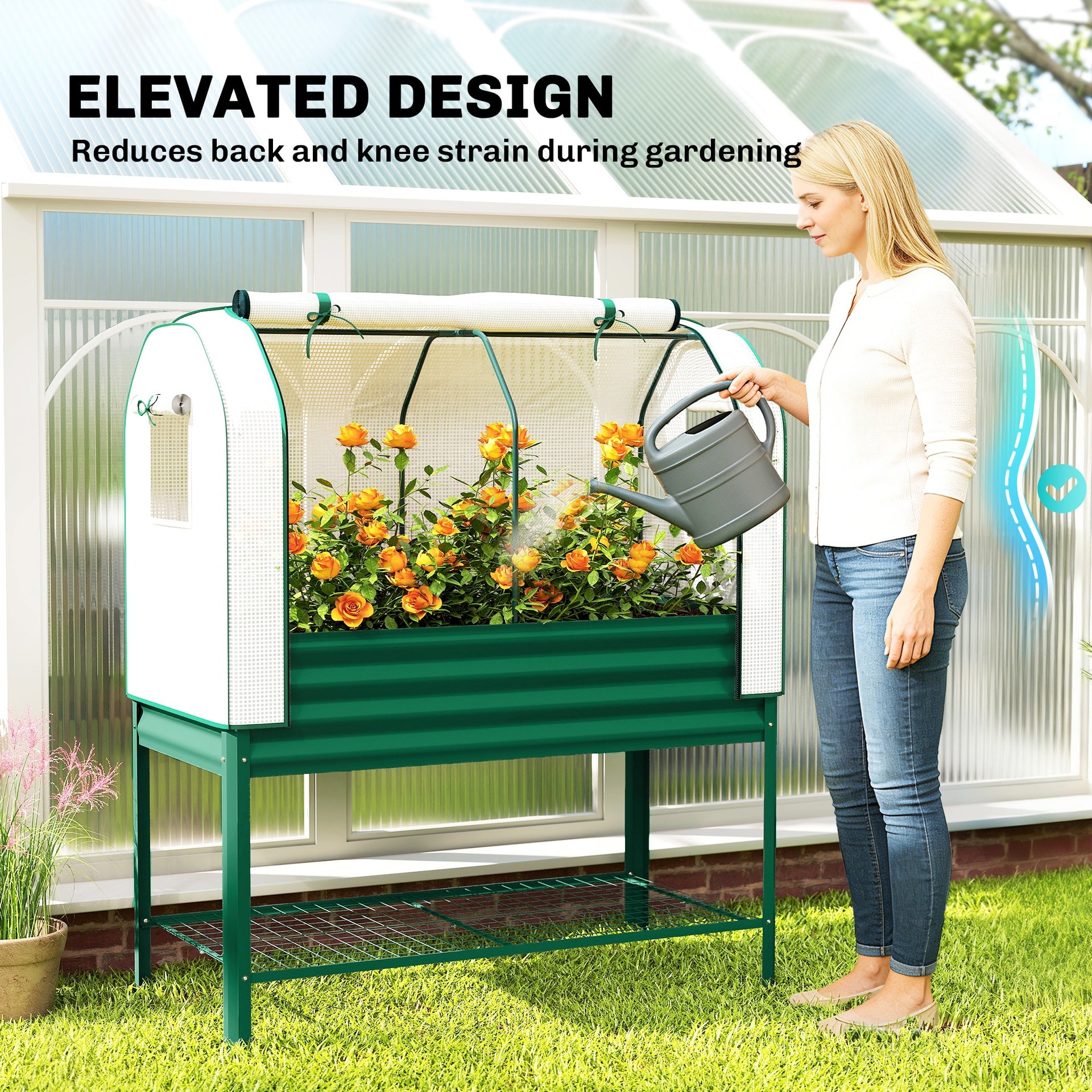 Outsunny Galvanised Raised Garden Bed with Greenhouse Cover, Metal Elevated Garden Bed with Bed Liner, Bottom Shelf, Green