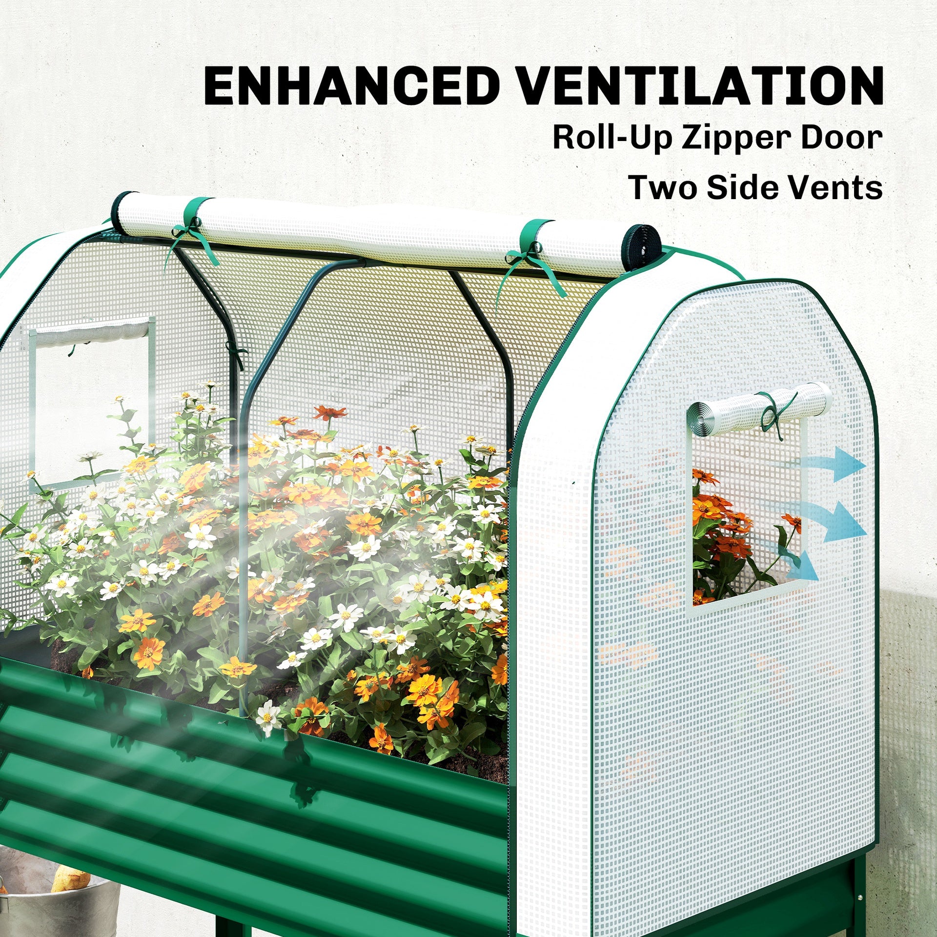 Outsunny Galvanised Raised Garden Bed with Greenhouse Cover, Metal Elevated Garden Bed with Bed Liner, Bottom Shelf, Green