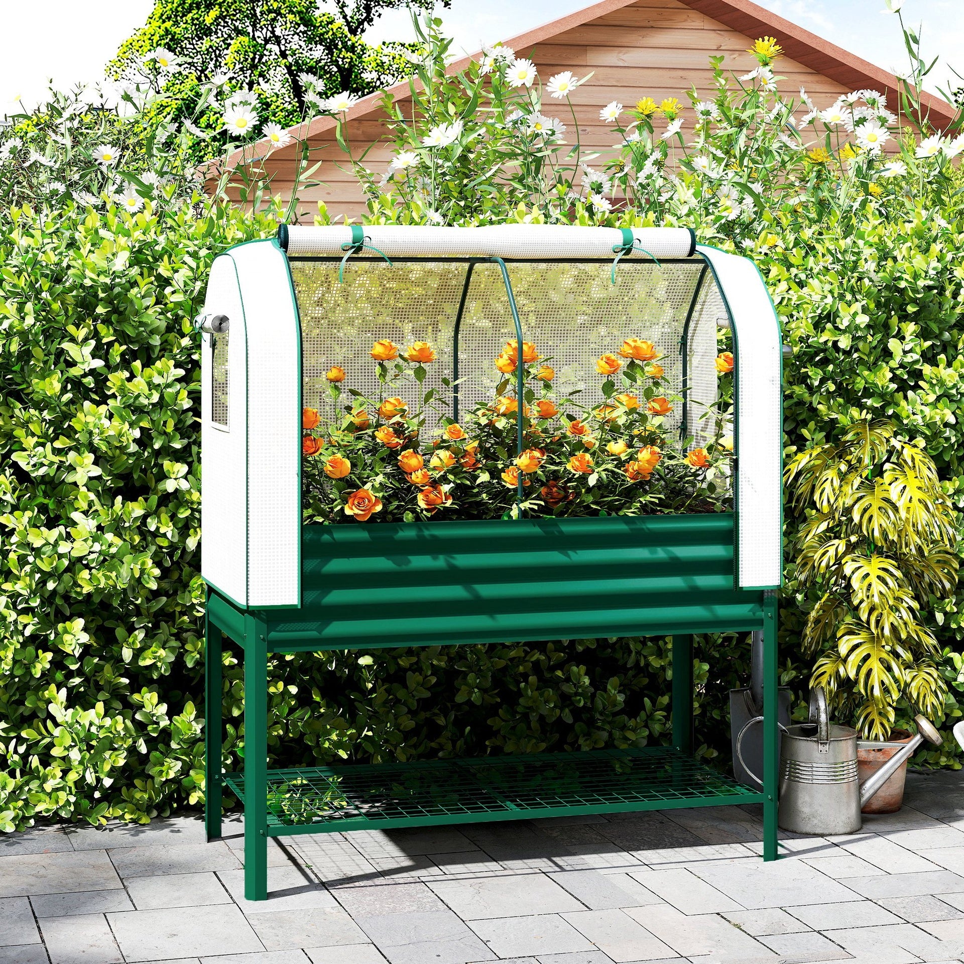 Outsunny Galvanised Raised Garden Bed with Greenhouse Cover, Metal Elevated Garden Bed with Bed Liner, Bottom Shelf, Green