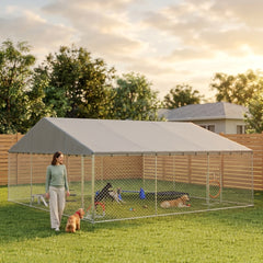PawHut Heavy Duty Outdoor Dog Kennel with Waterproof Roof, Secure Latch, Chain Link Dog Run for Backyard, 19.7' x 19.7' x 8.9'