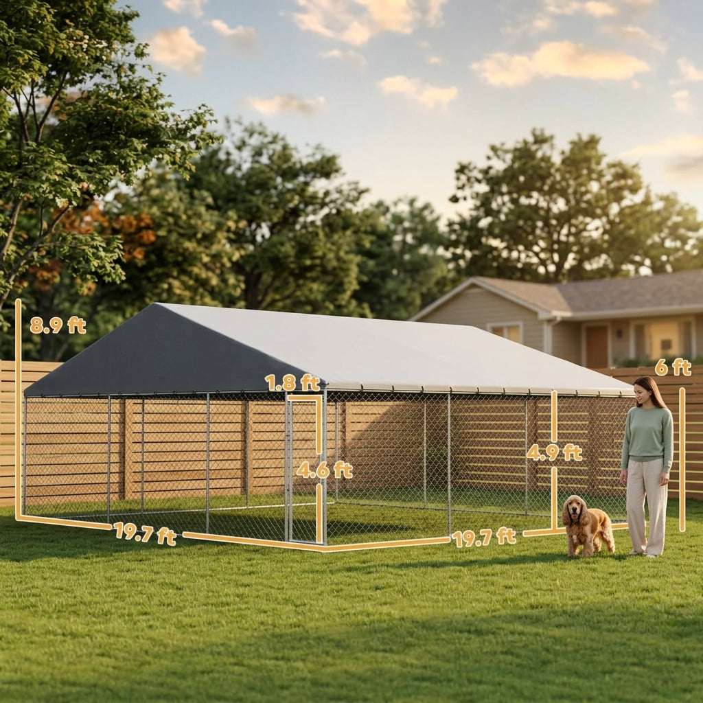 PawHut Heavy Duty Outdoor Dog Kennel with Waterproof Roof, Secure Latch, Chain Link Dog Run for Backyard, 19.7' x 19.7' x 8.9'