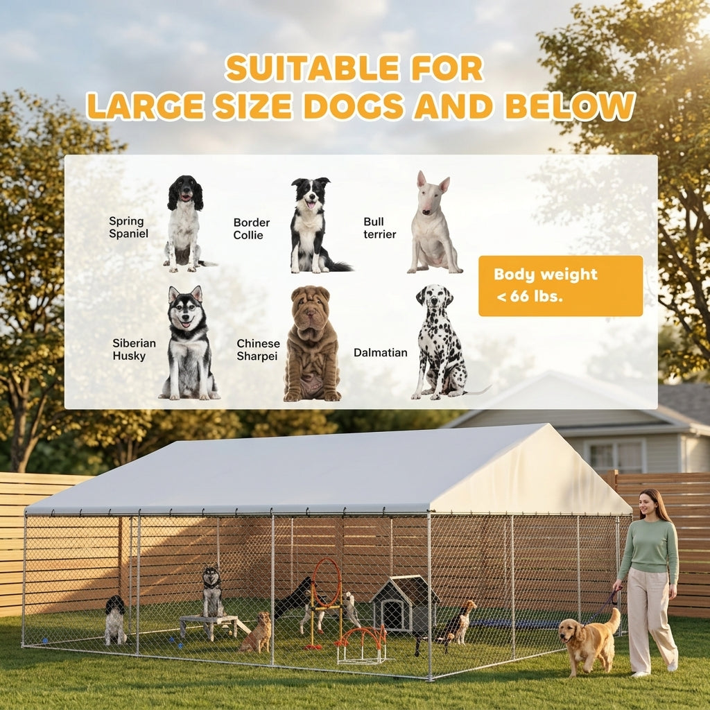 PawHut Heavy Duty Outdoor Dog Kennel with Waterproof Roof, Secure Latch, Chain Link Dog Run for Backyard, 19.7' x 19.7' x 8.9'