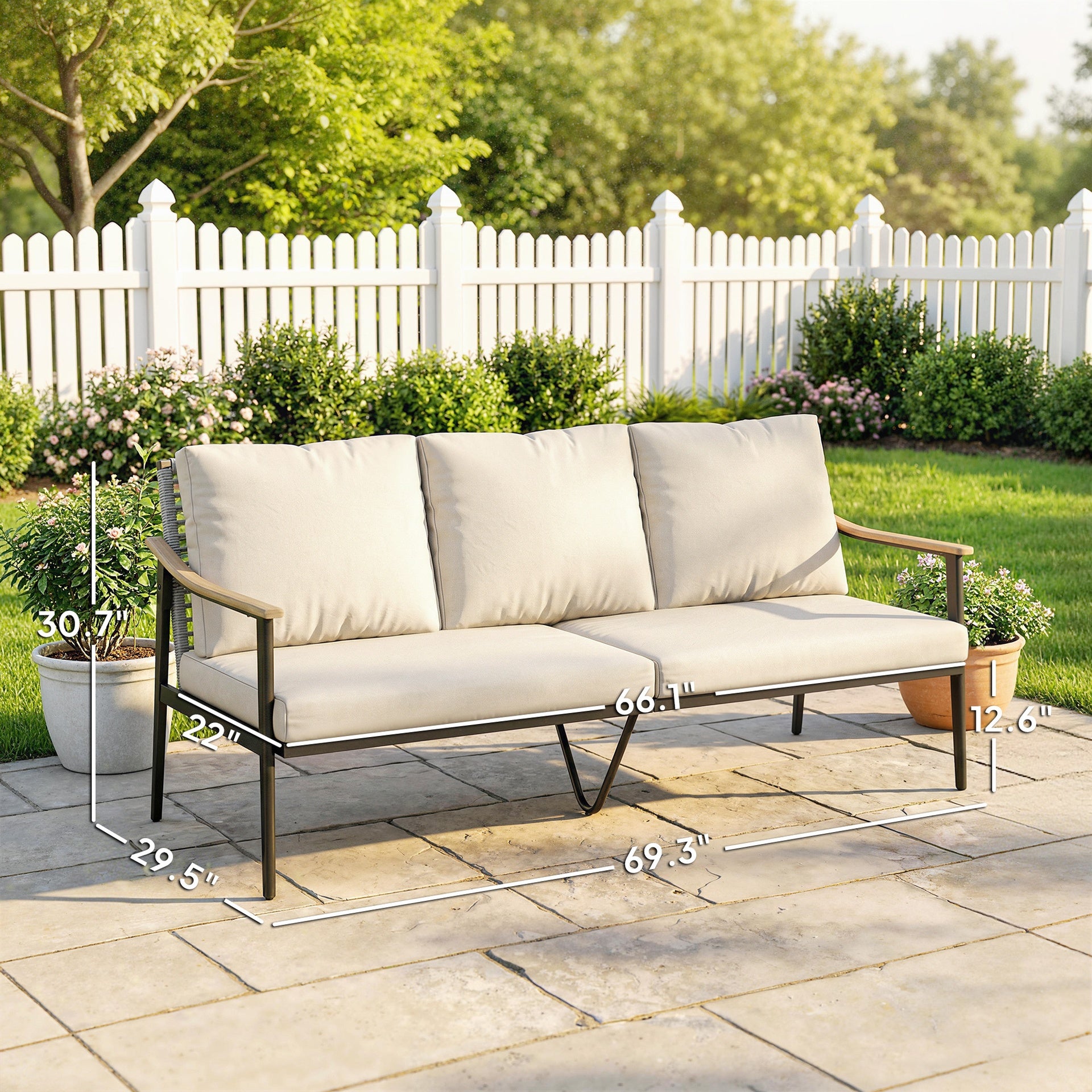 Outsunny 3 Seater Outdoor Patio Sofa, Outdoor Couch with Wood-Effect Armrests, Wicker Backrest, Cushions for Garden Yard, Khaki