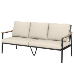 Outsunny 3 Seater Outdoor Patio Sofa, Outdoor Couch with Wood-Effect Armrests, Wicker Backrest, Cushions for Garden Yard, Khaki