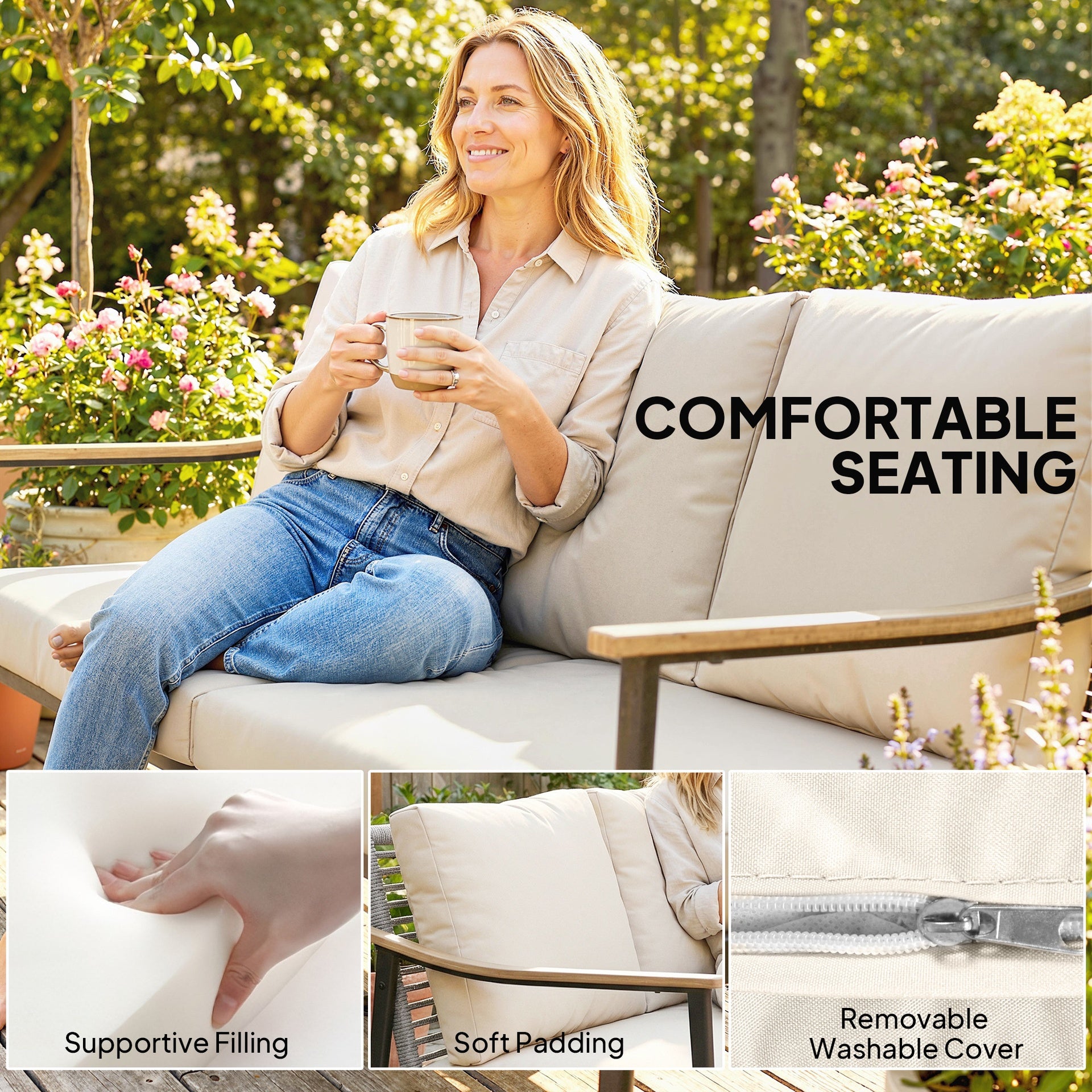 Outsunny 3 Seater Outdoor Patio Sofa, Outdoor Couch with Wood-Effect Armrests, Wicker Backrest, Cushions for Garden Yard, Khaki