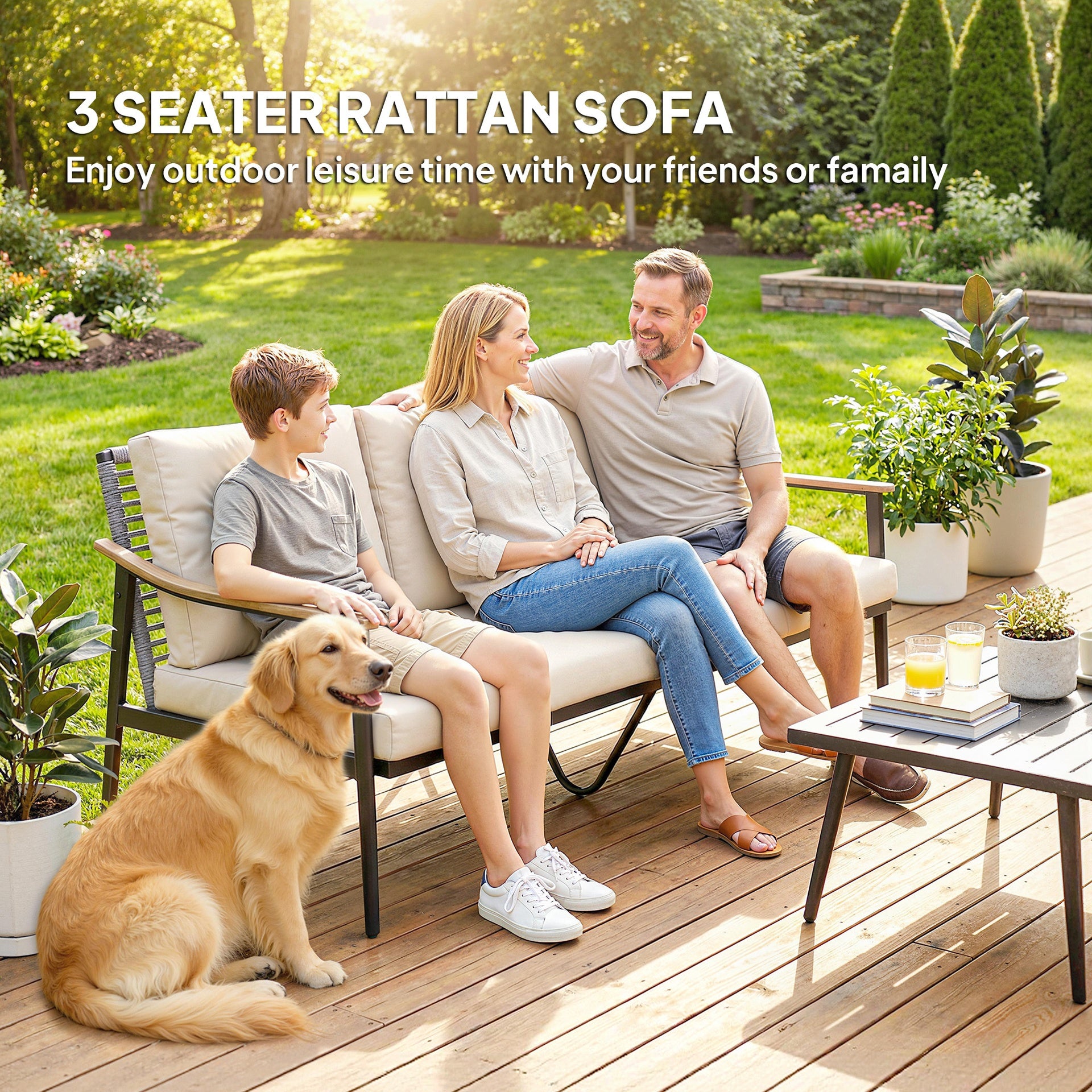Outsunny 3 Seater Outdoor Patio Sofa, Outdoor Couch with Wood-Effect Armrests, Wicker Backrest, Cushions for Garden Yard, Khaki