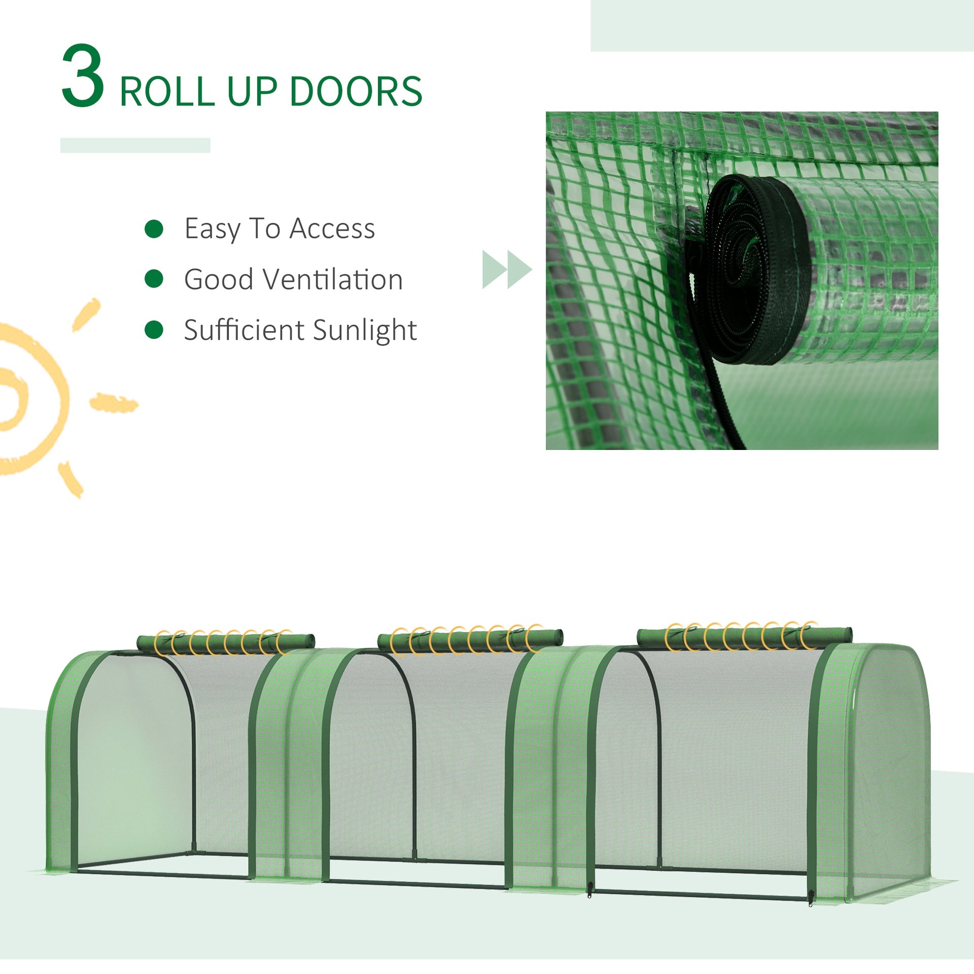 Outsunny 9.7' L x 3' W x 2.5' H Portable Tunneled Greenhouse with 3 Zippered Doors, Water/UV Fighting PE Cover