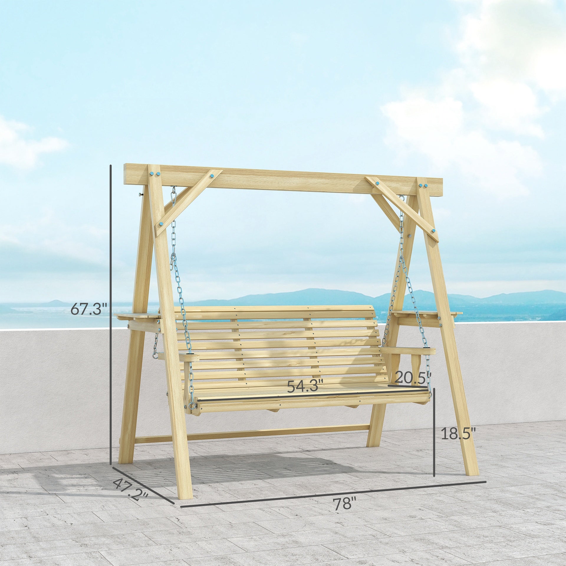 Outsunny 3 Seat Wooden Porch Swing with Stand, Patio Swing with Side Tables, for Garden, Poolside, Backyard, Natural Wood