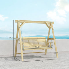 Outsunny 3 Seat Wooden Porch Swing with Stand, Patio Swing with Side Tables, for Garden, Poolside, Backyard, Natural Wood