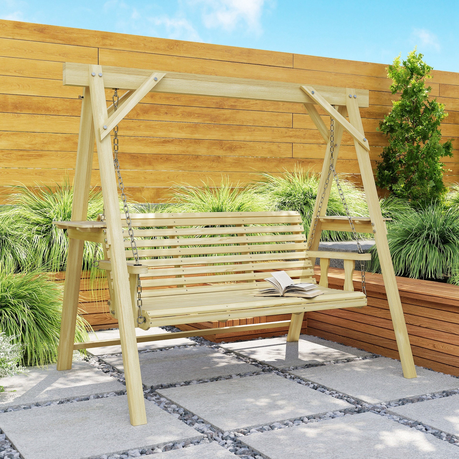 Outsunny 3 Seat Wooden Porch Swing with Stand, Patio Swing with Side Tables, for Garden, Poolside, Backyard, Natural Wood