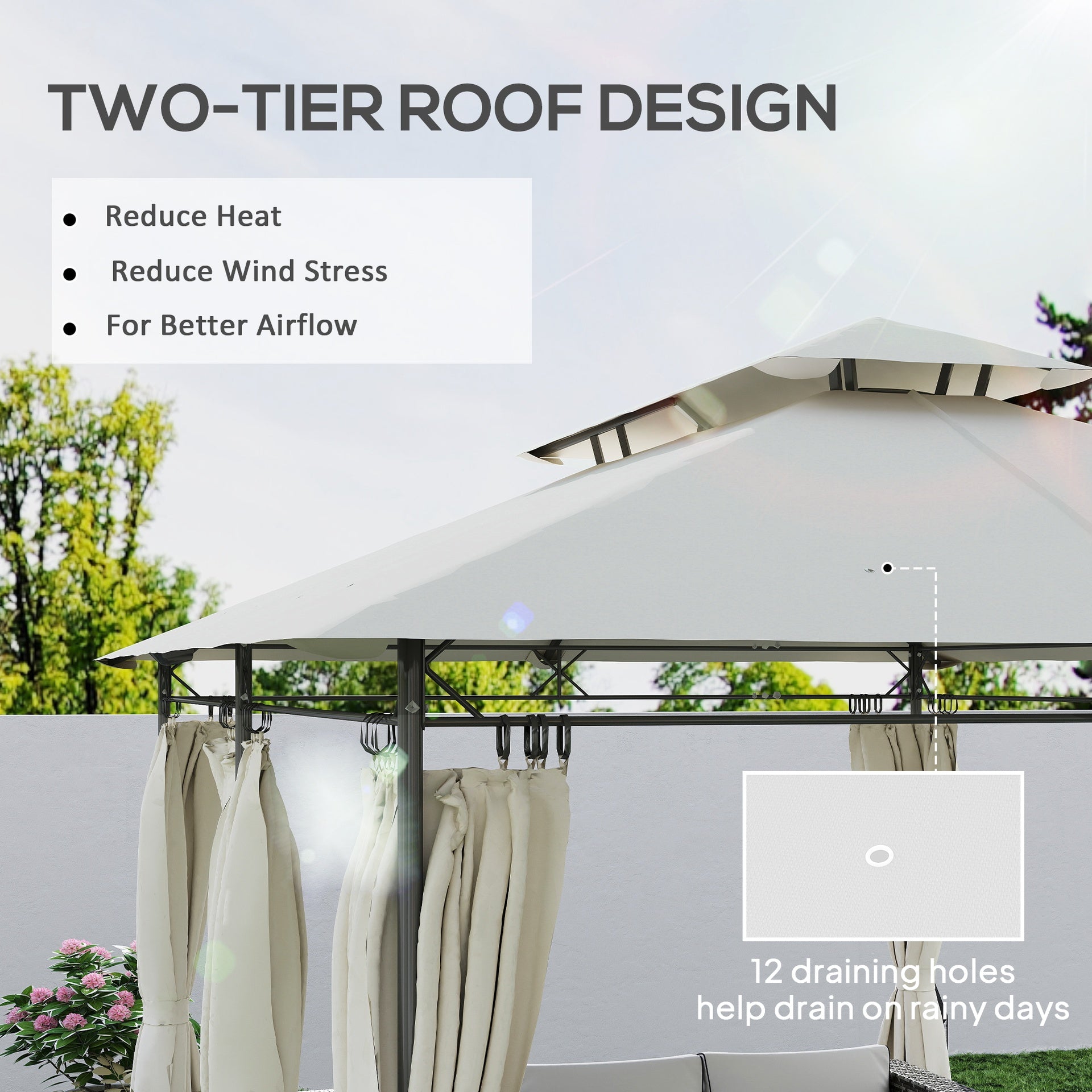 Outsunny 10' x 13' Double Roof Patio Gazebo, Outdoor Gazebo with Curtains, for Garden, Lawn, Backyard and Deck, Cream White