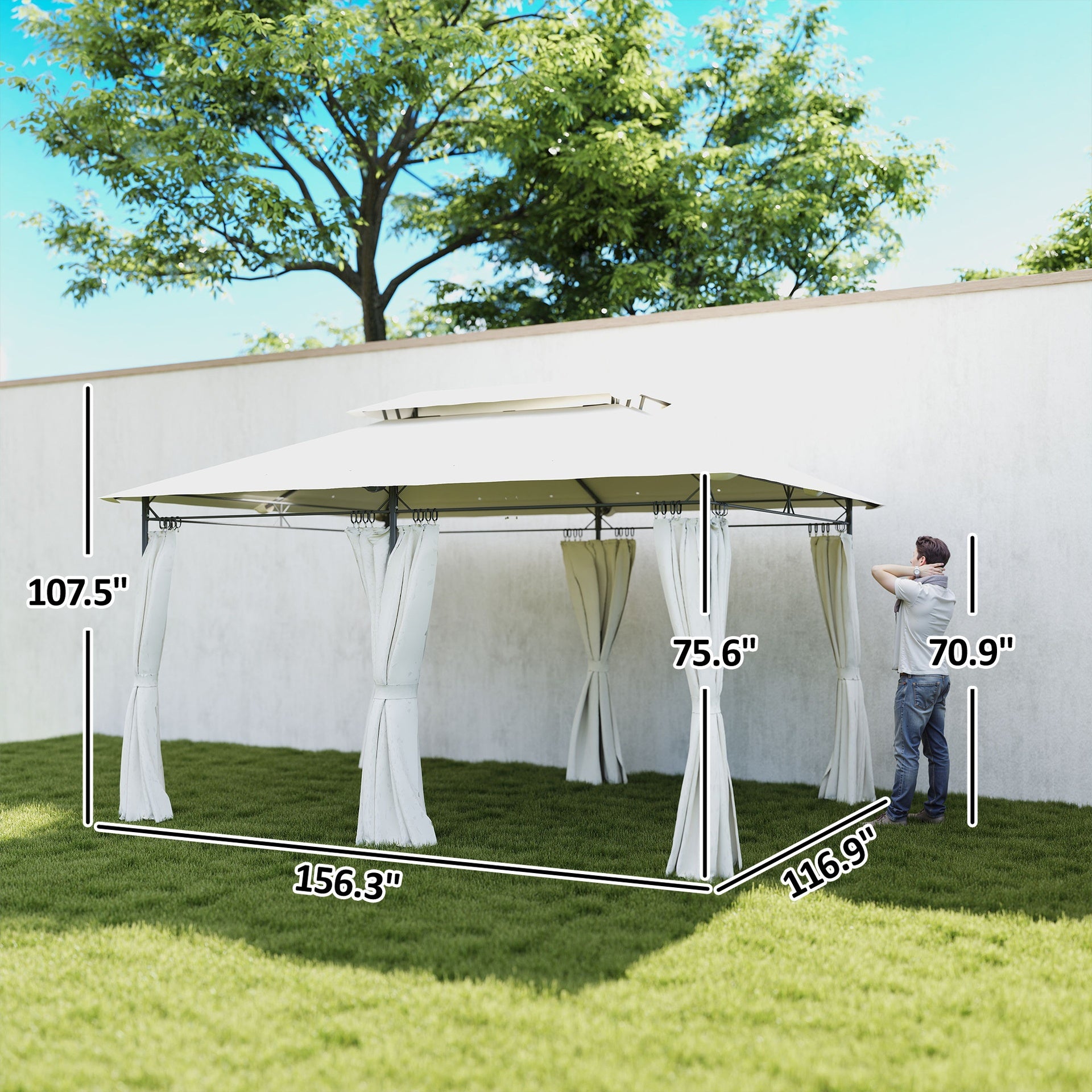 Outsunny 10' x 13' Double Roof Patio Gazebo, Outdoor Gazebo with Curtains, for Garden, Lawn, Backyard and Deck, Cream White