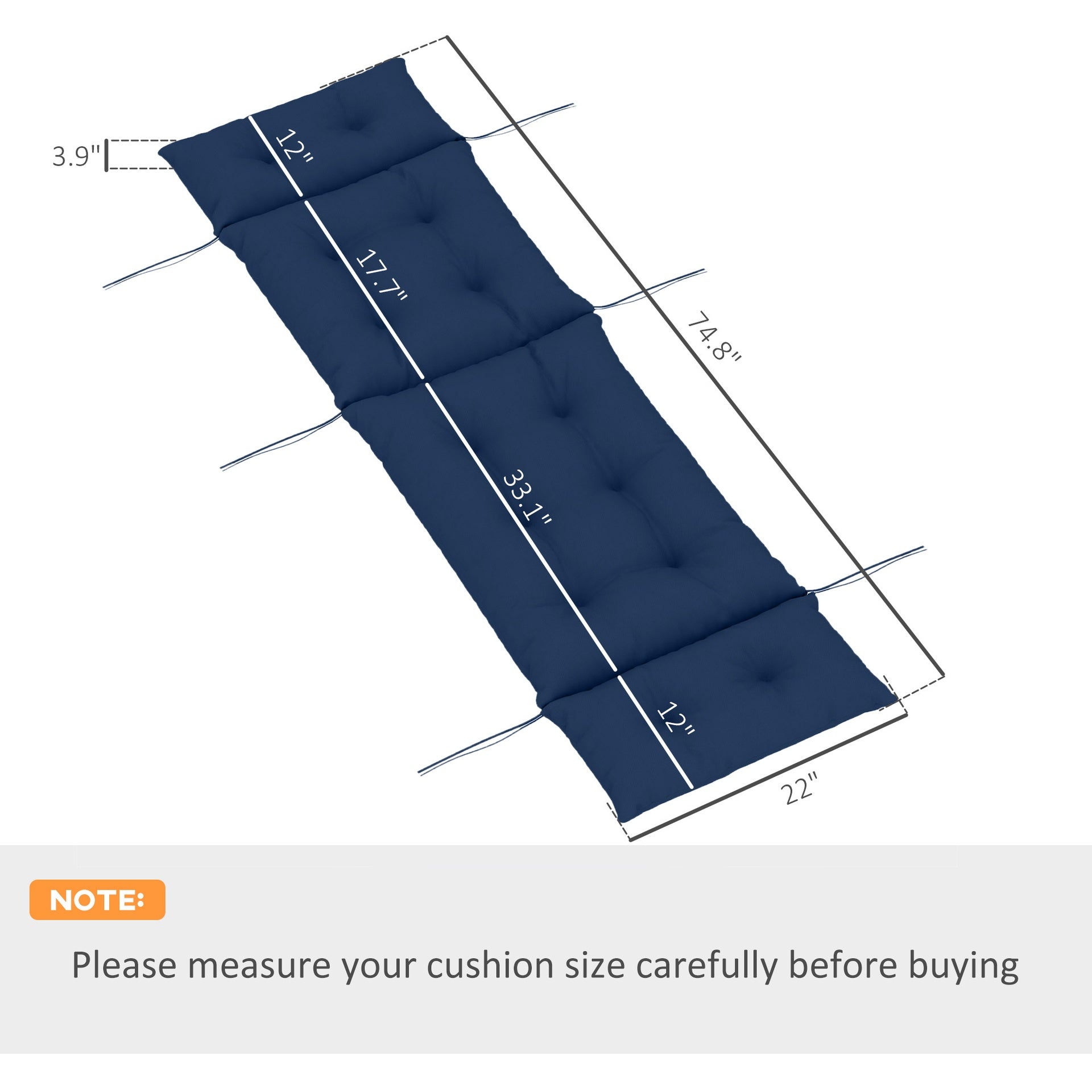 Outsunny Outdoor Chaise Lounge Cushion, Tufted Thick Patio Lounge Chair Cushion with Ties, 74.8 in. x 22 in. x 4 in., Navy Blue