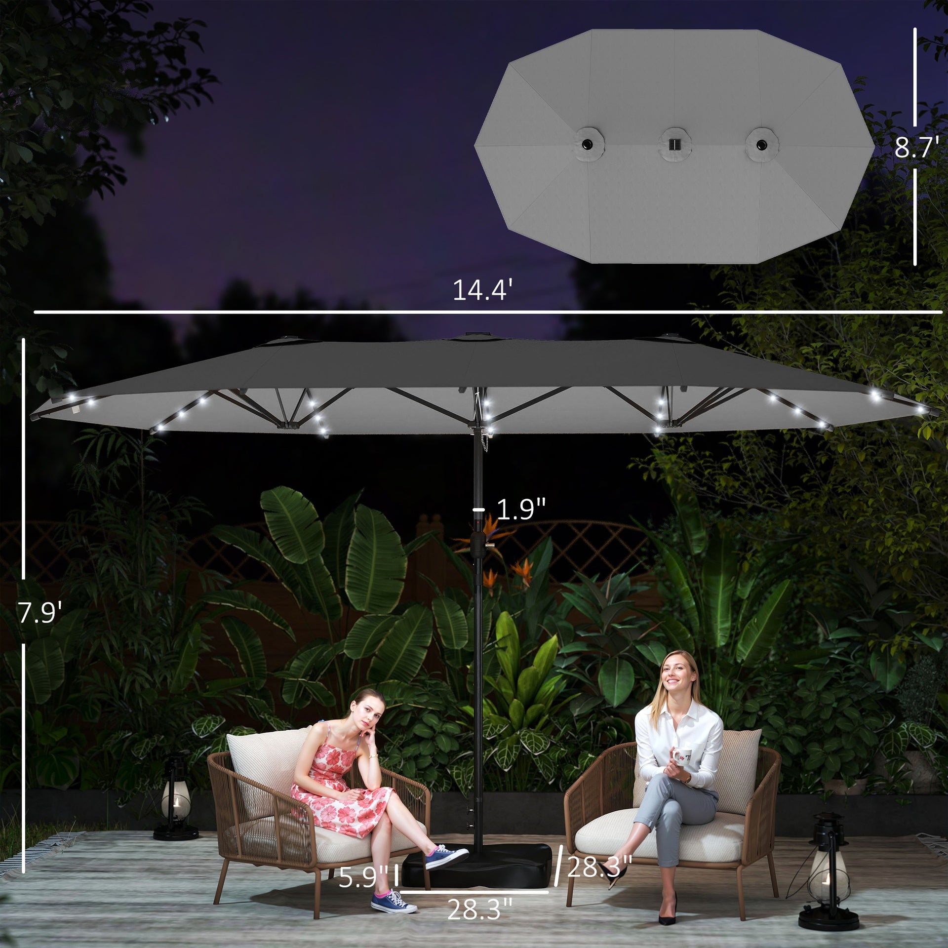 Outsunny Garden Parasol 14.4ft Double-Sided Sun Umbrella with Base, Patio Parasol with LED Solar Lights, Gray