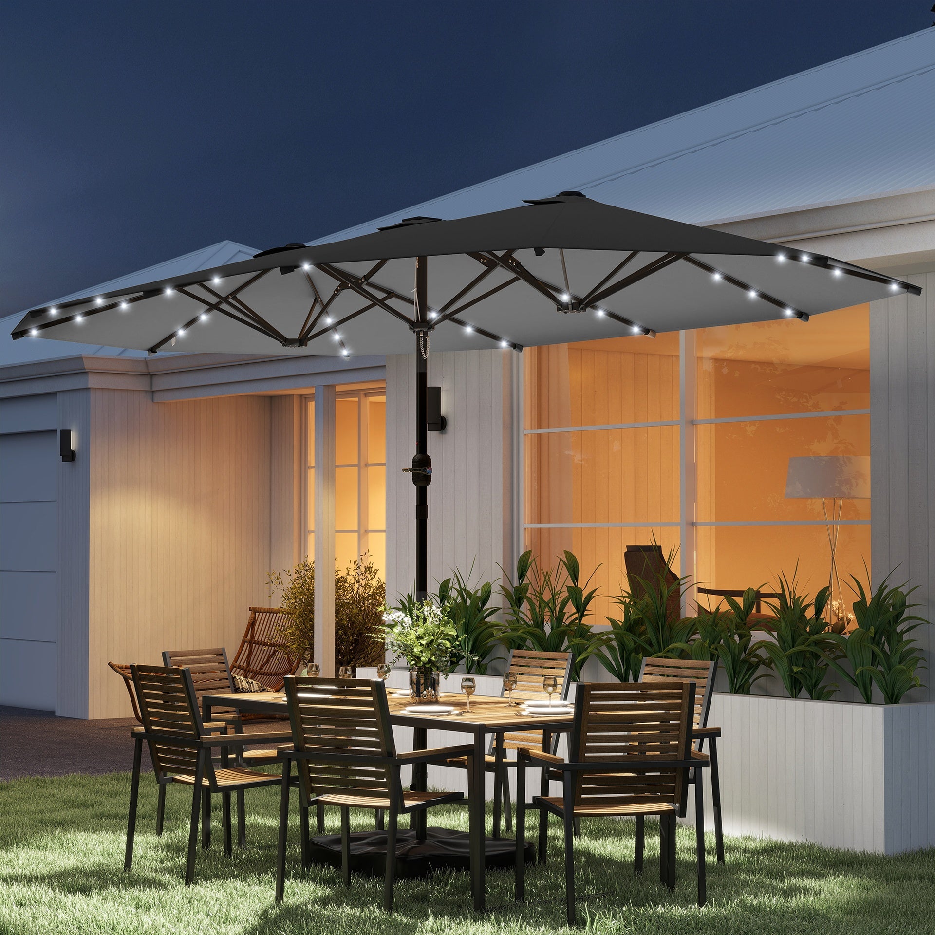 Outsunny Garden Parasol 14.4ft Double-Sided Sun Umbrella with Base, Patio Parasol with LED Solar Lights, Gray