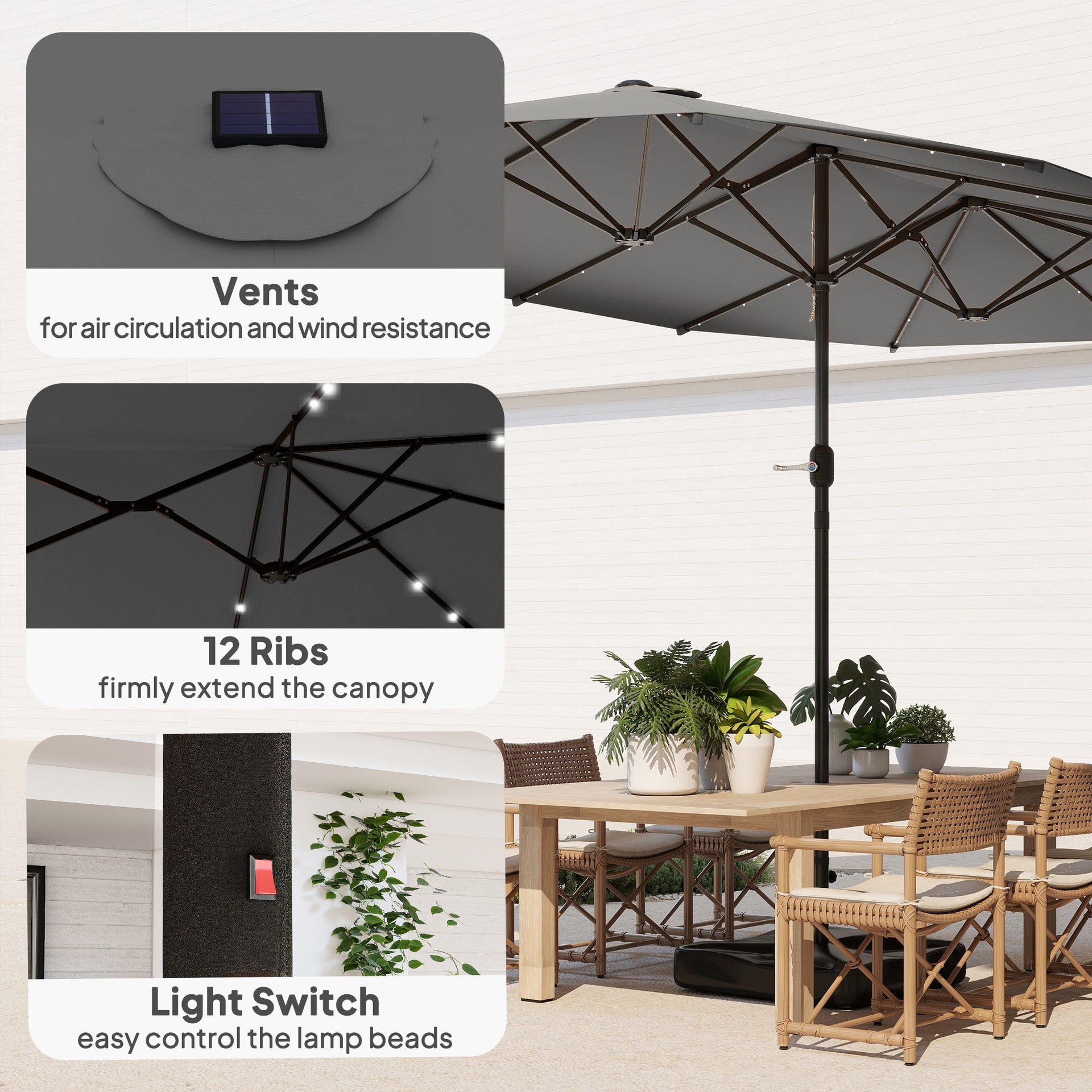Outsunny Garden Parasol 14.4ft Double-Sided Sun Umbrella with Base, Patio Parasol with LED Solar Lights, Gray
